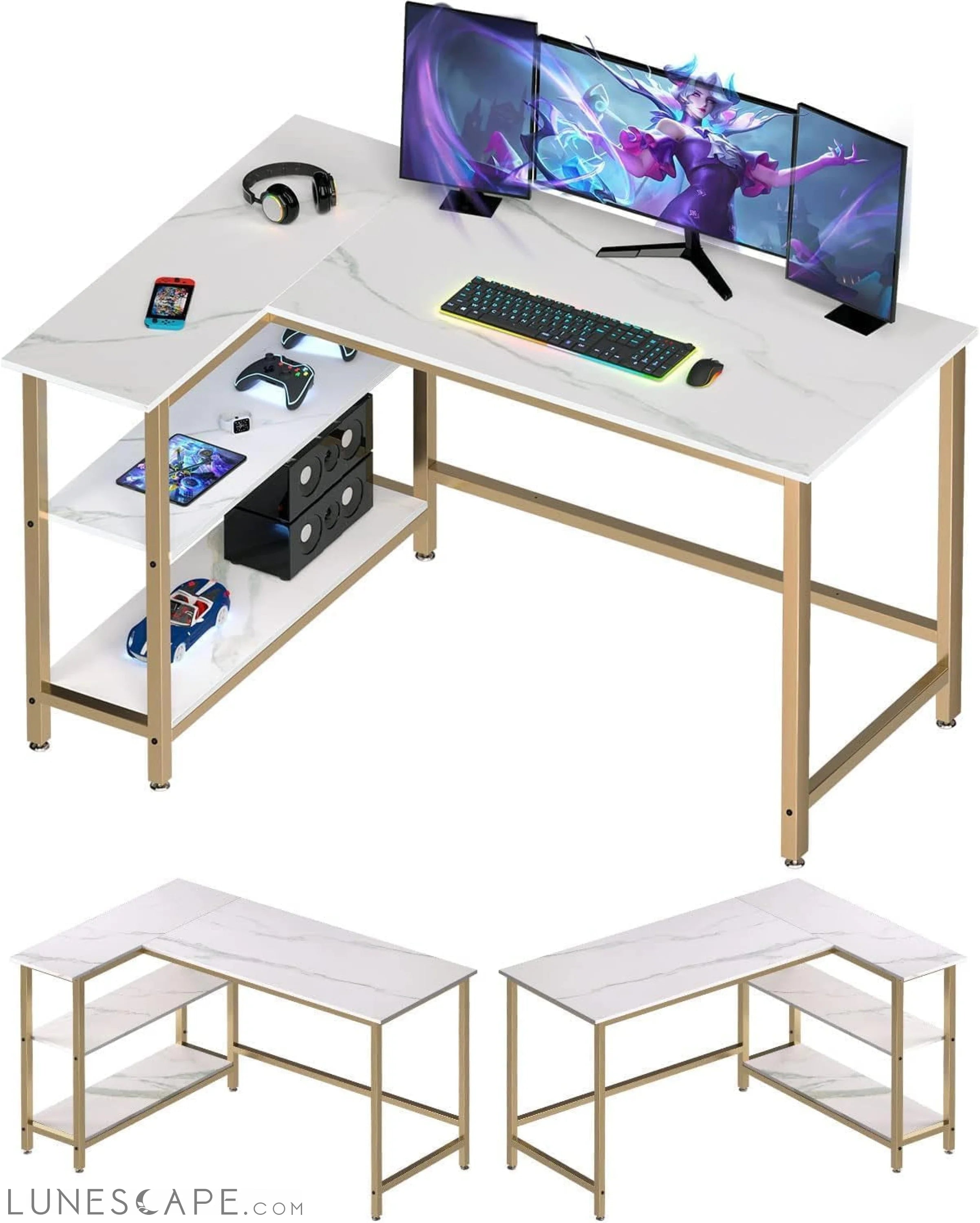 L Shaped Computer Desk - Home Office Desk with Shelf, Gaming Desk LUNESCAPE