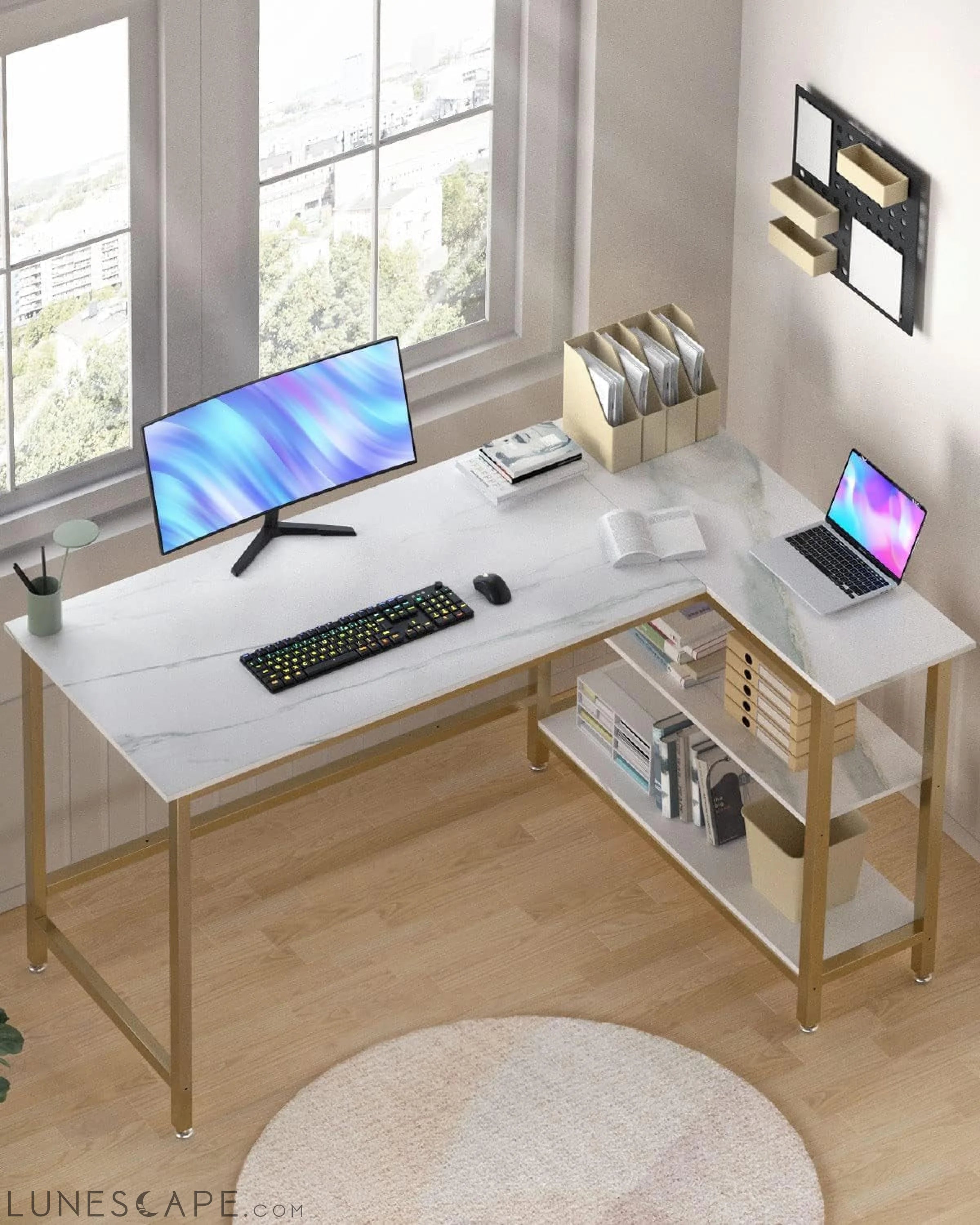 L Shaped Computer Desk - Home Office Desk with Shelf, Gaming Desk LUNESCAPE
