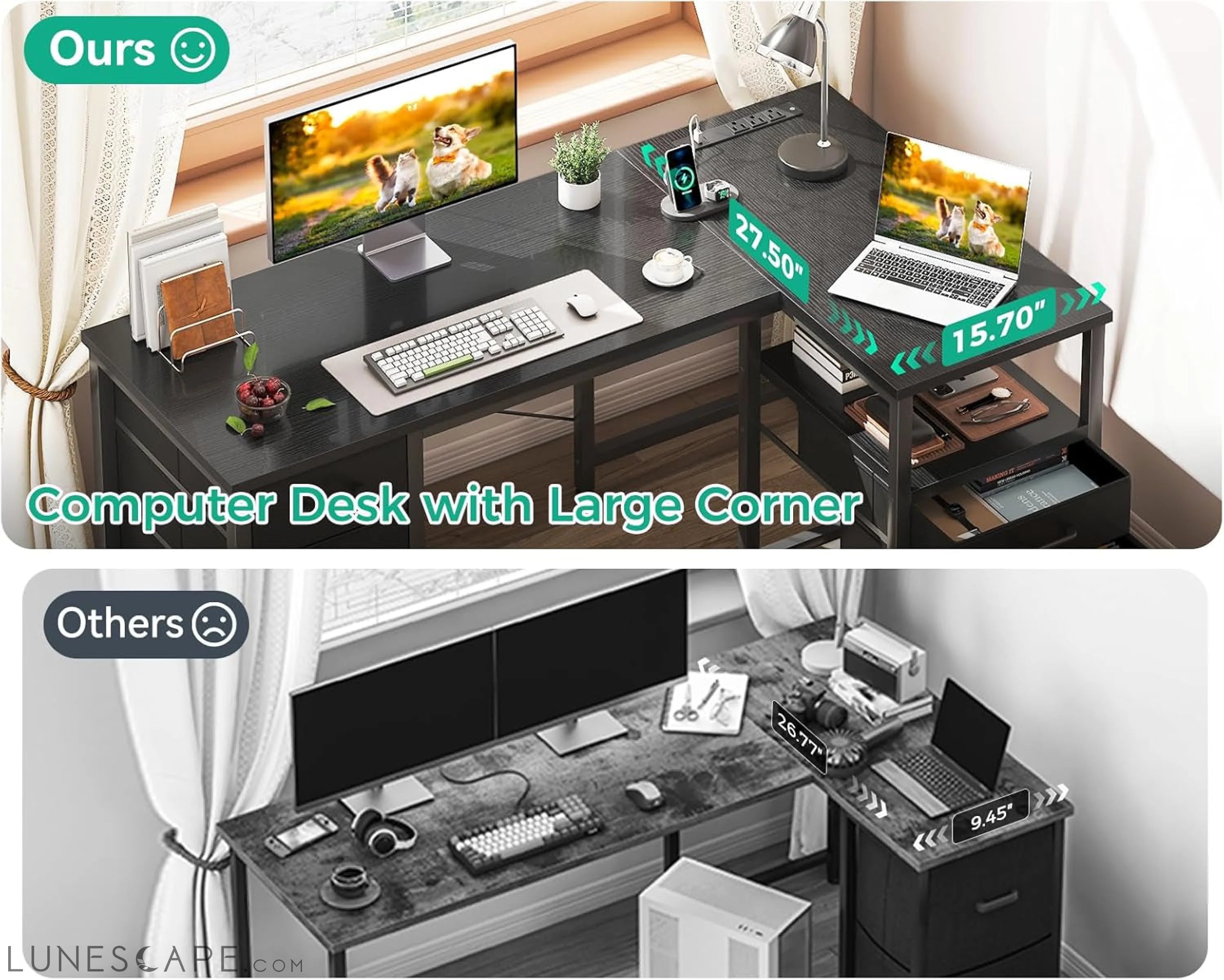 L Shaped Computer Desk with 6 Drawers & Power Outlet, 55 Inch Corner LUNESCAPE