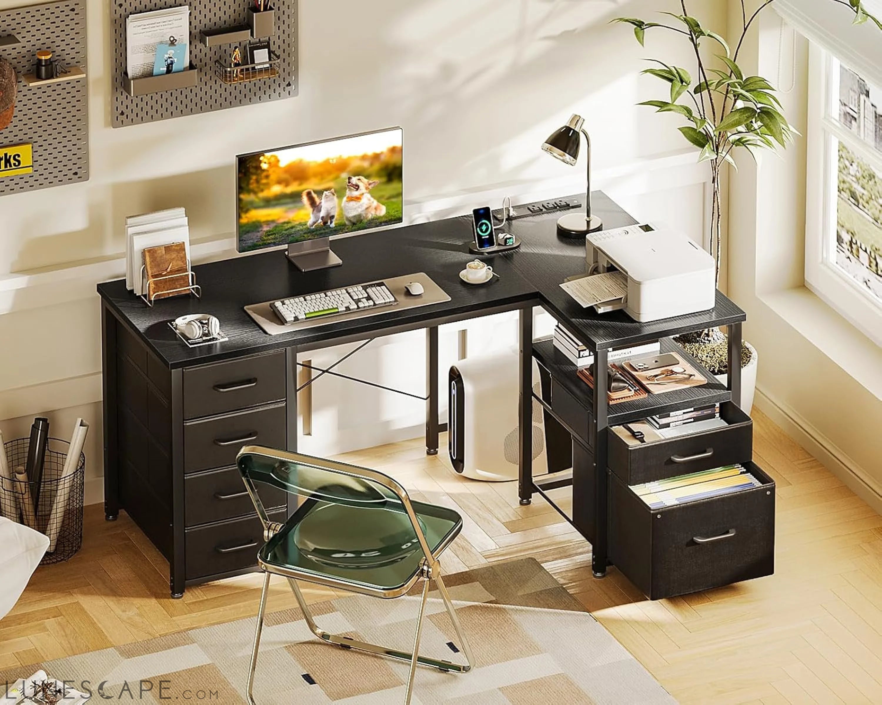 L Shaped Computer Desk with 6 Drawers & Power Outlet, 55 Inch Corner LUNESCAPE