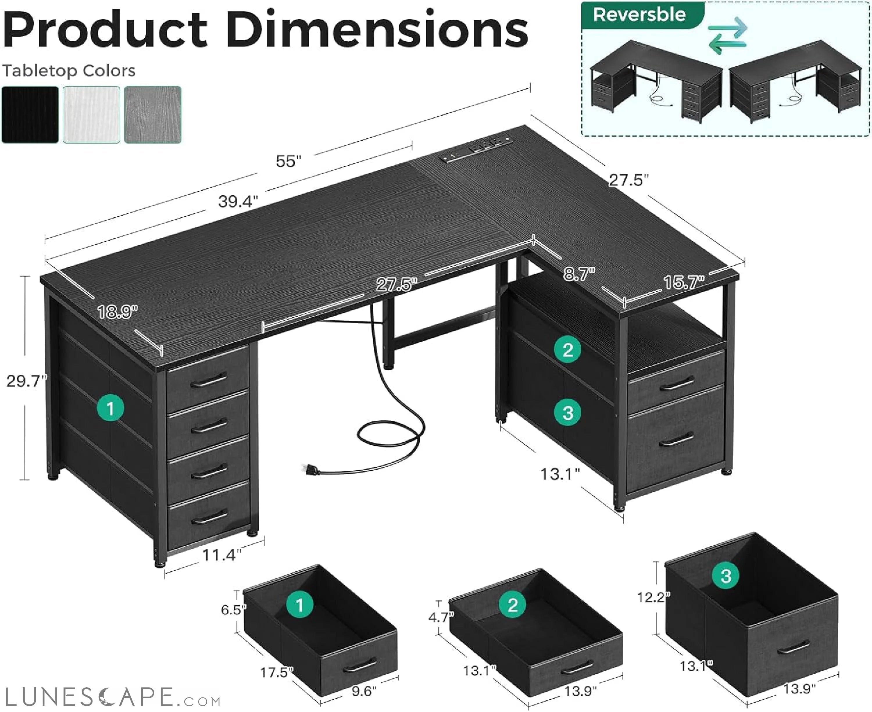 L Shaped Computer Desk with 6 Drawers & Power Outlet, 55 Inch Corner LUNESCAPE