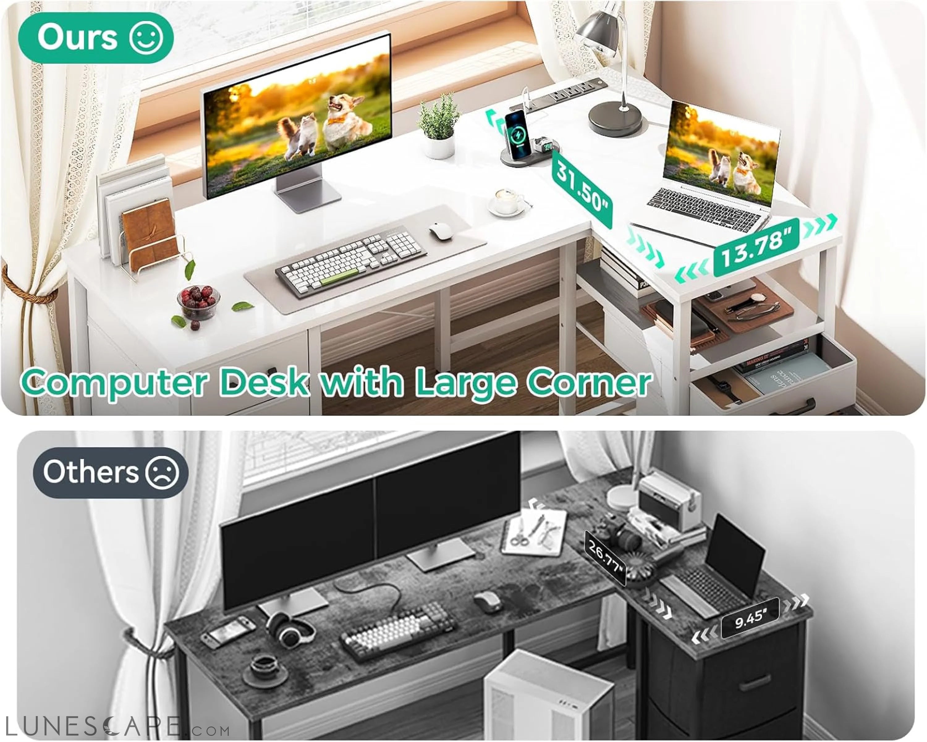 L Shaped Computer Desk with 6 Drawers & Power Outlet, 55 Inch Corner LUNESCAPE
