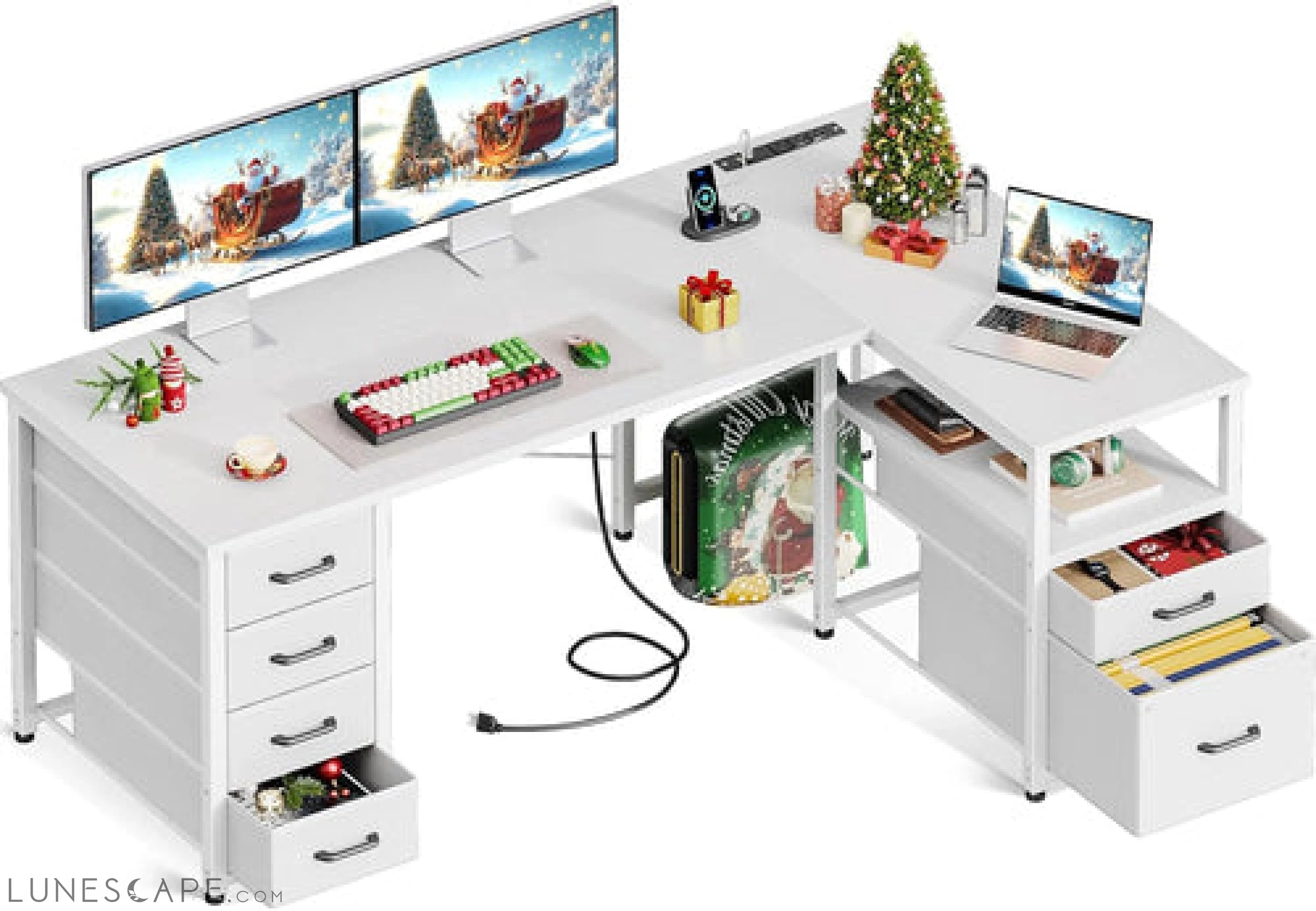L Shaped Computer Desk with 6 Drawers & Power Outlet, 55 Inch Corner LUNESCAPE