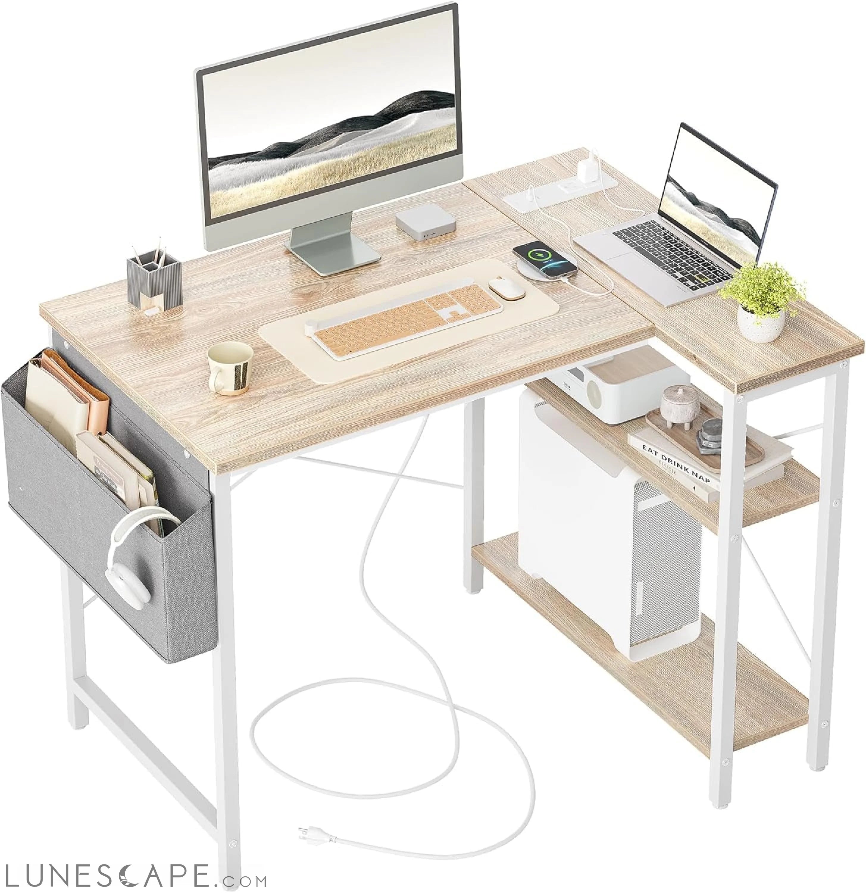 L Shaped Computer Desk with Power Outlets, 40 Inch Small Corner Desk LUNESCAPE