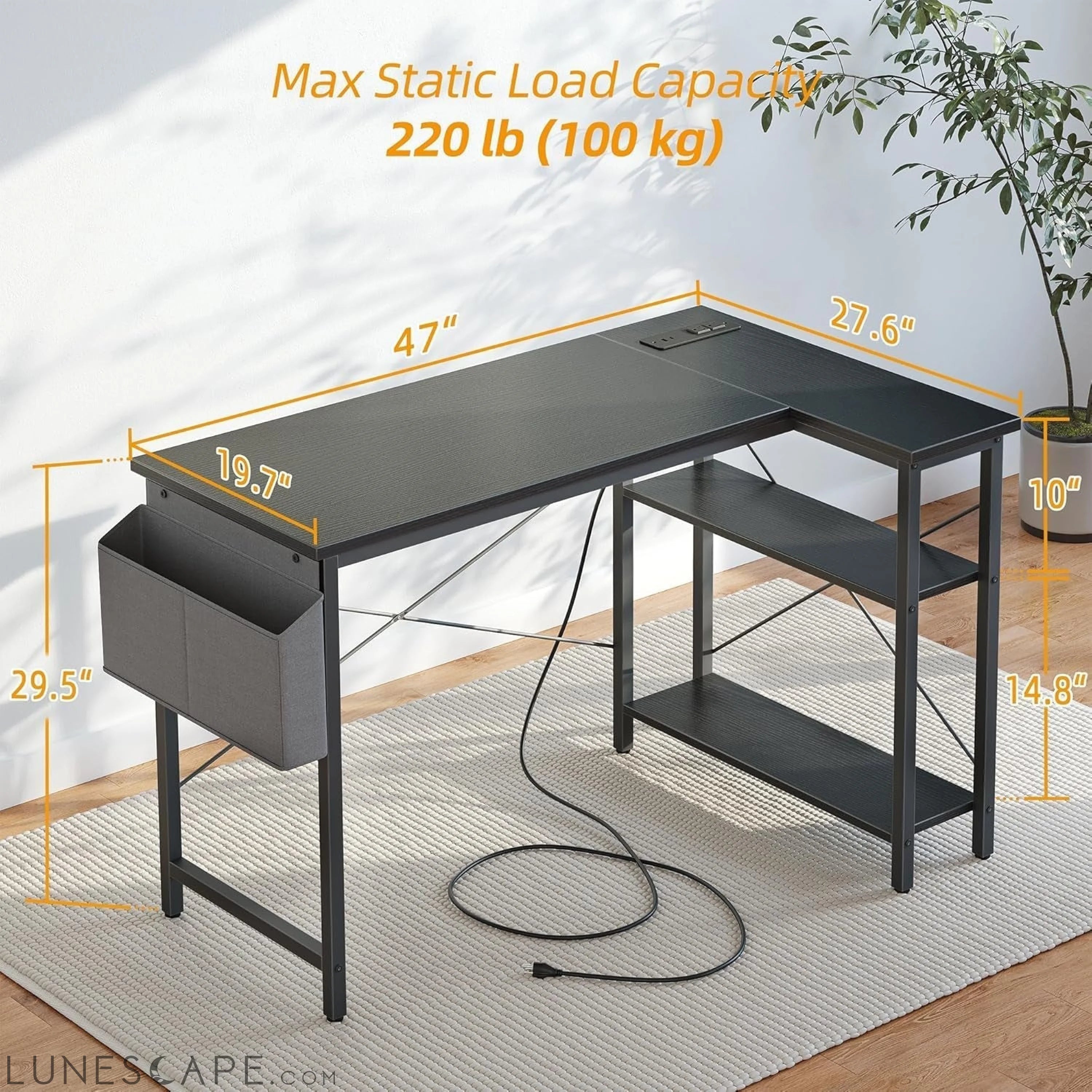L Shaped Computer Desk with Power Outlets, 47 Inch Small Corner Desk LUNESCAPE