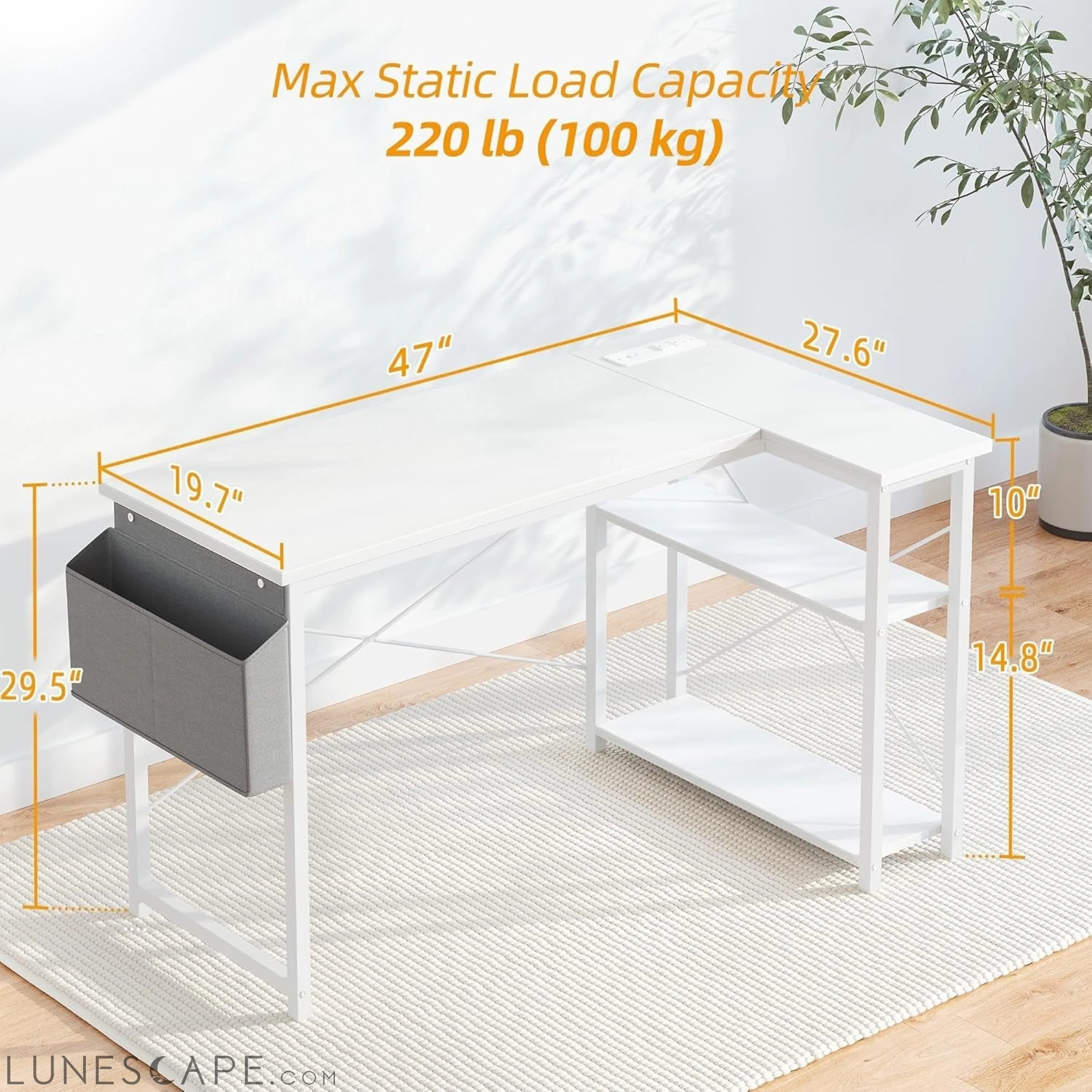 L Shaped Computer Desk with Power Outlets, 47 Inch Small Corner Desk LUNESCAPE