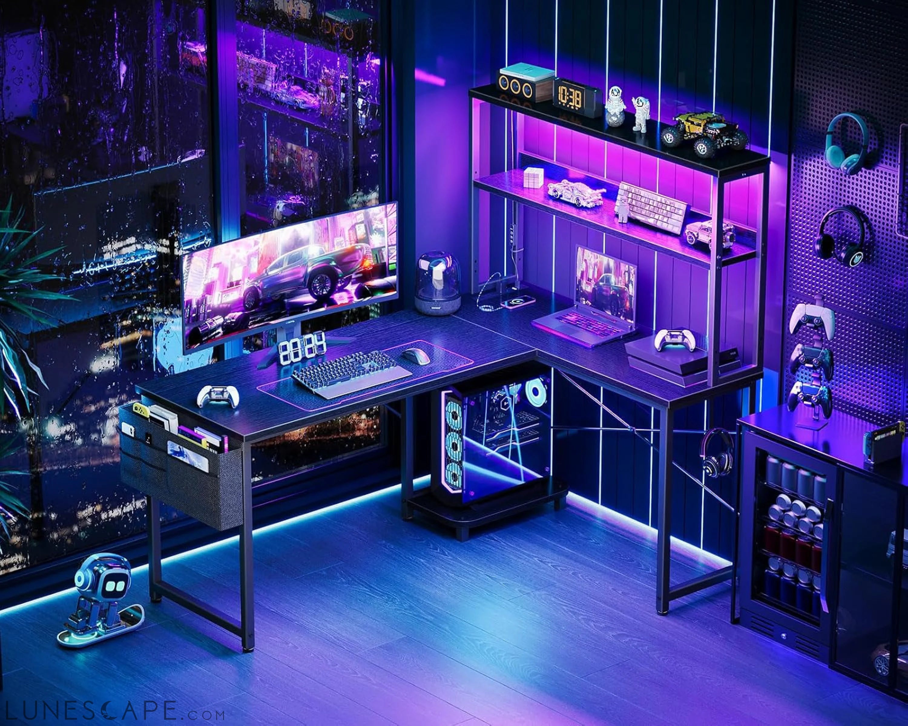 L Shaped Desk Gaming Desk with LED Light & Power Outlet, 53 Inch LUNESCAPE