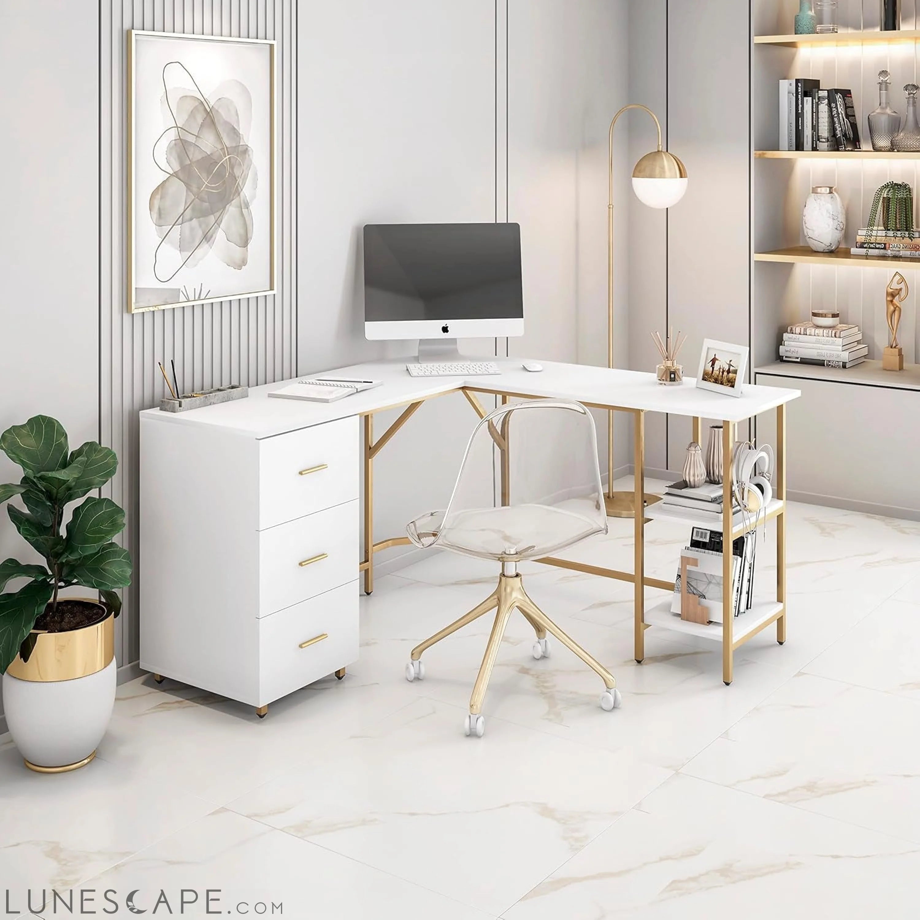 L Shaped Desk - Two-Toned Computer Desk with Drawers & Storage Shelves LUNESCAPE