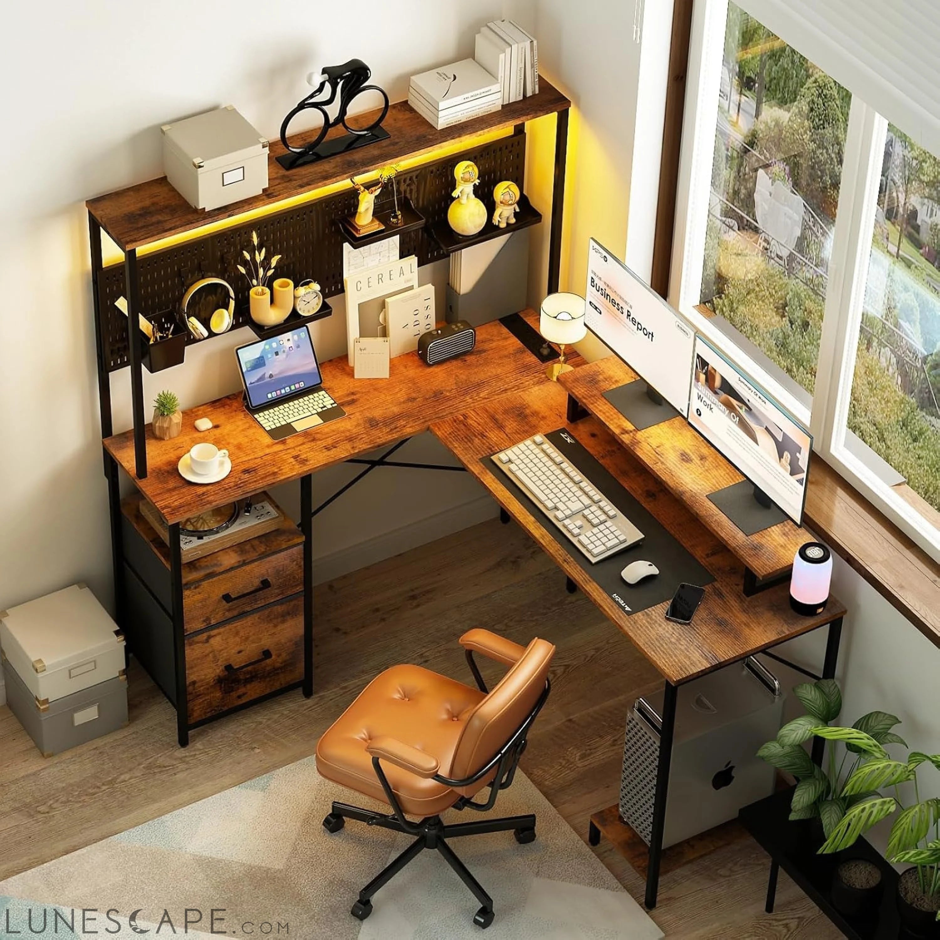 L Shaped Desk with Pegboard, Reversible Computer Desk with Drawers & LUNESCAPE