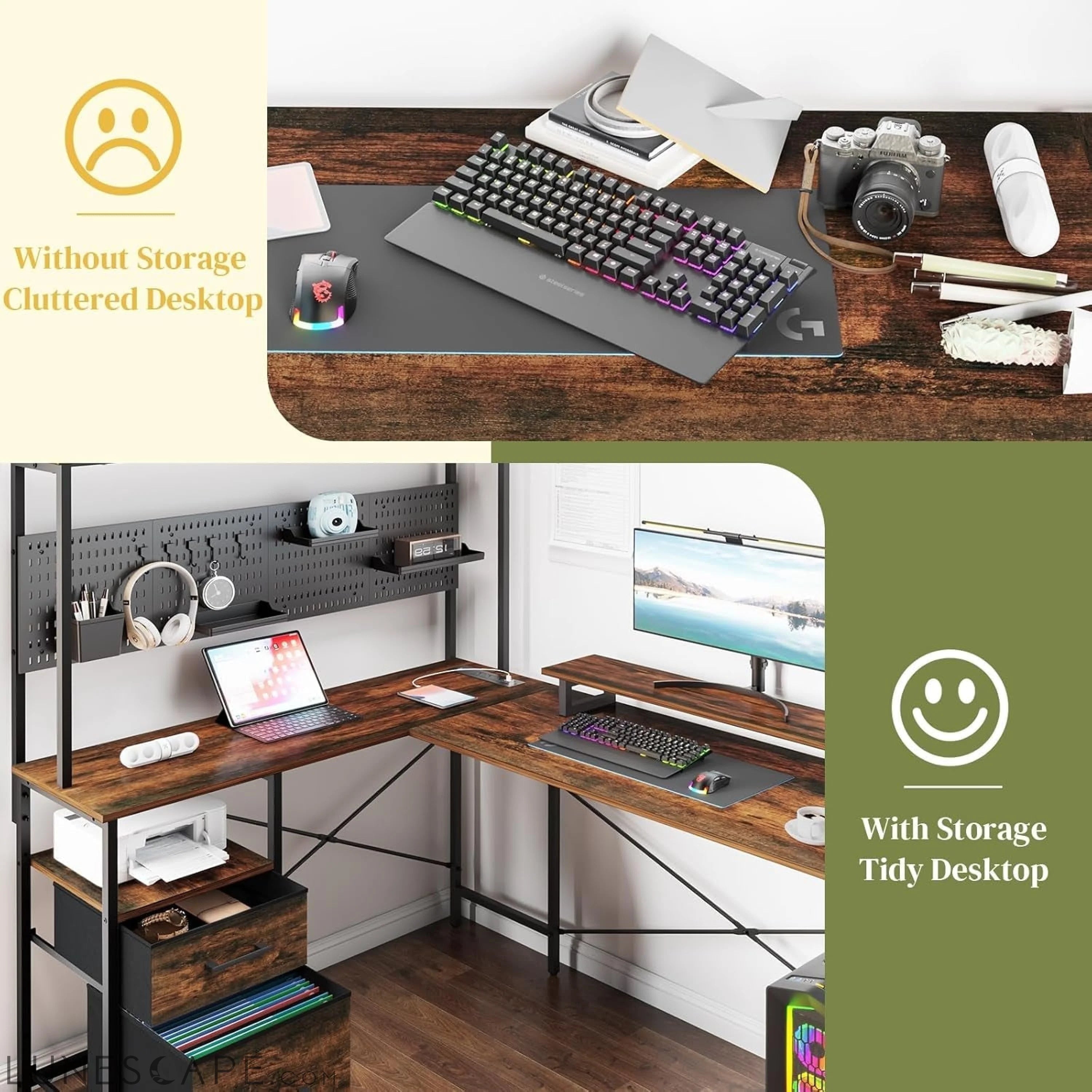L Shaped Desk with Pegboard, Reversible Computer Desk with Drawers & LUNESCAPE