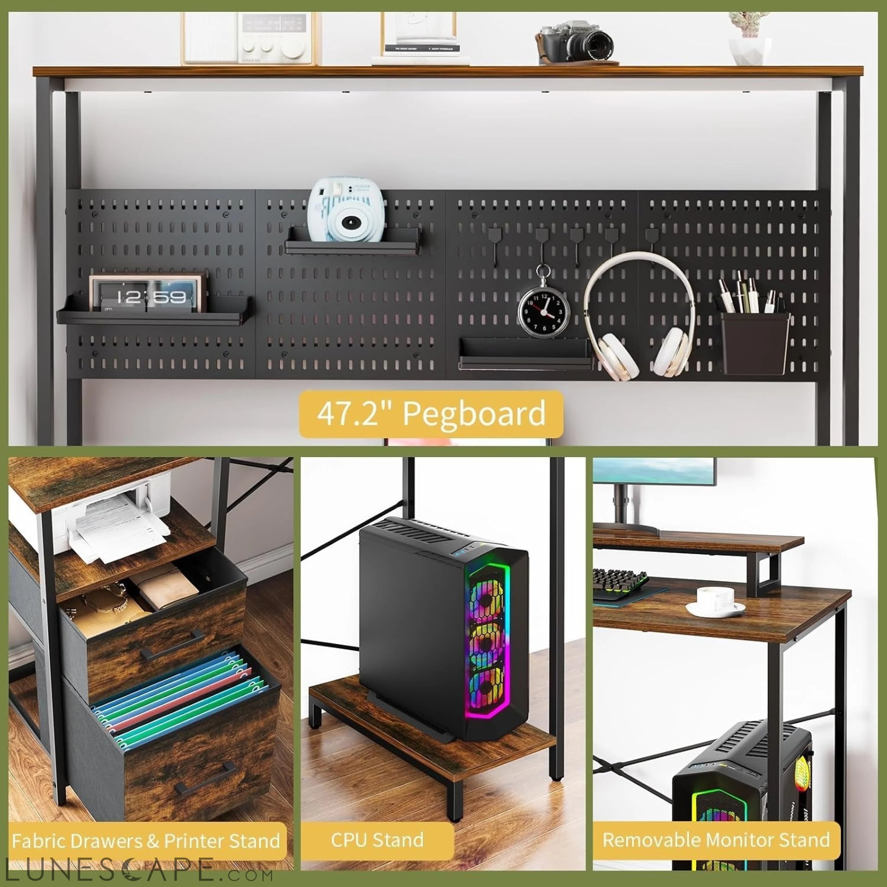L Shaped Desk with Pegboard, Reversible Computer Desk with Drawers & LUNESCAPE