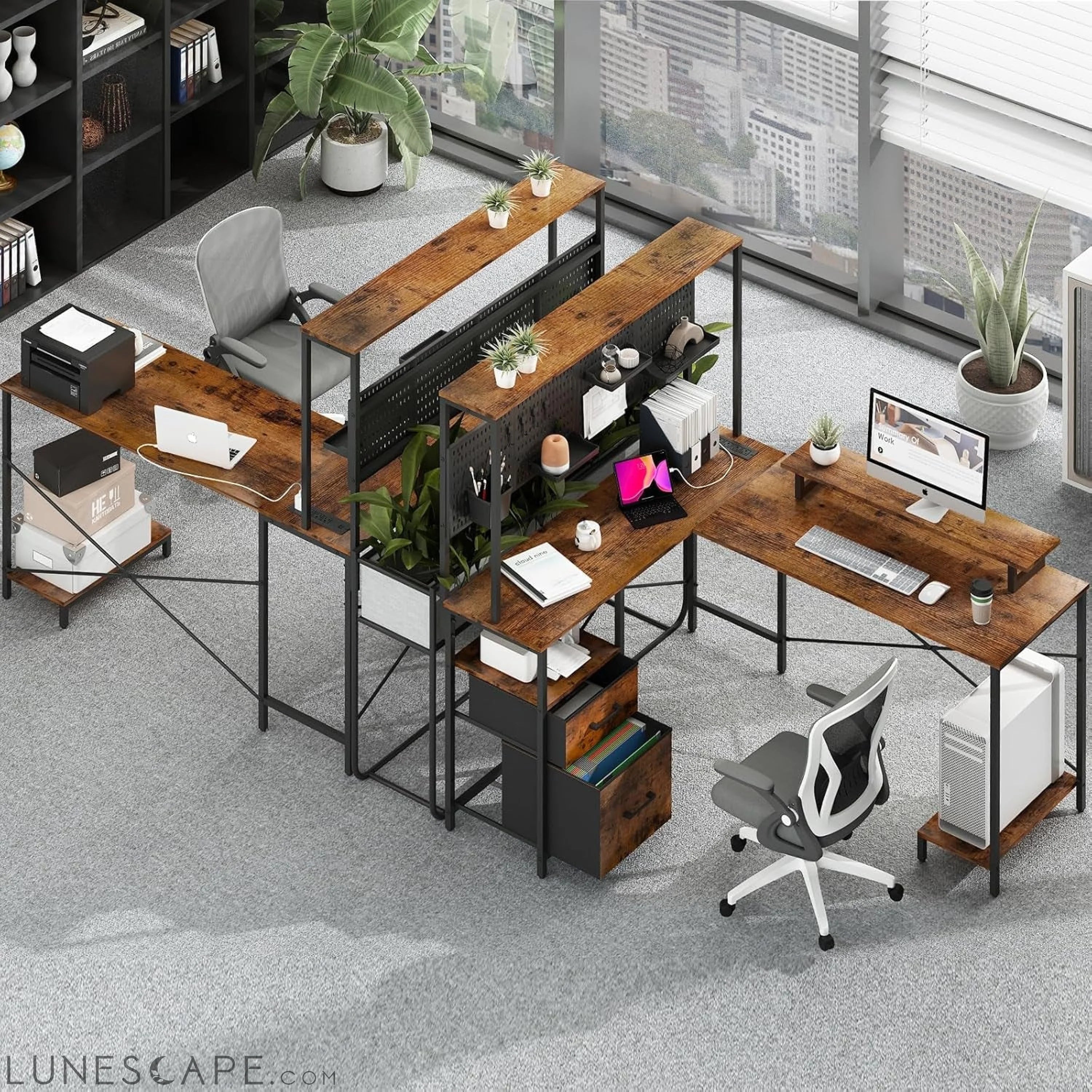 L Shaped Desk with Pegboard, Reversible Computer Desk with Drawers & LUNESCAPE