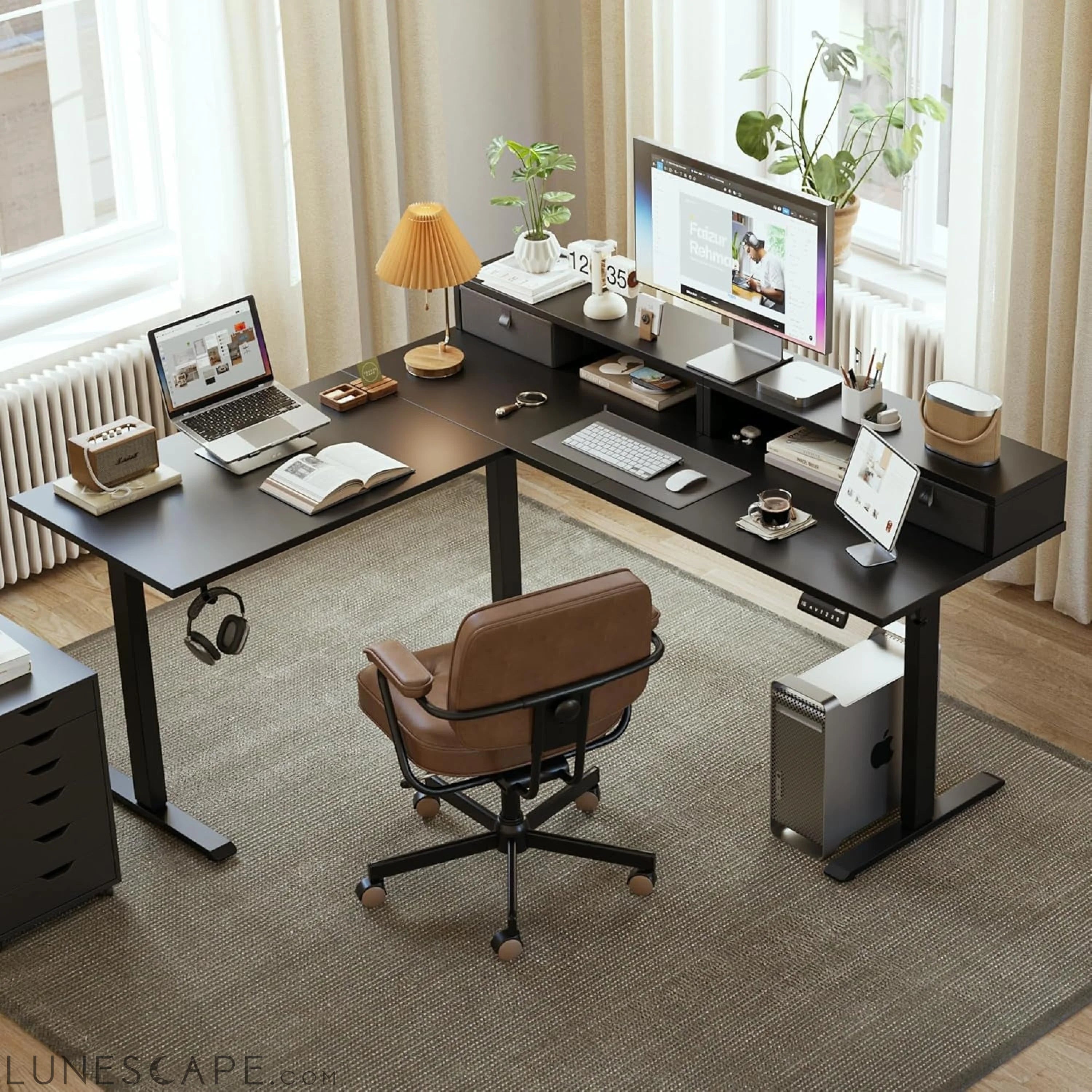 L Shaped Electric Standing Desk with 2 Drawers, 63 Inch Ergonomic LUNESCAPE