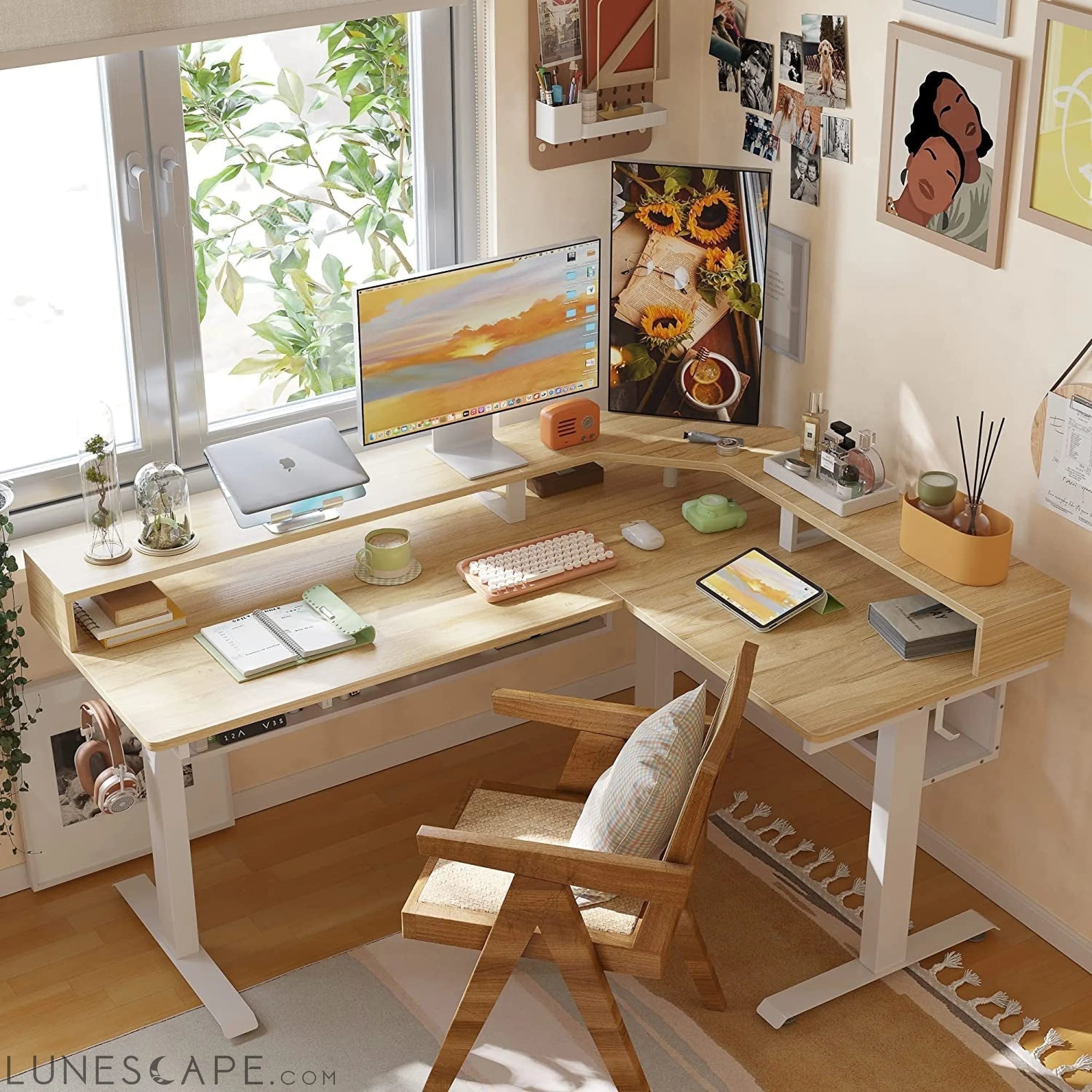L-Shaped Standing Desk with Shelves, Triple Motors, Oak LUNESCAPE