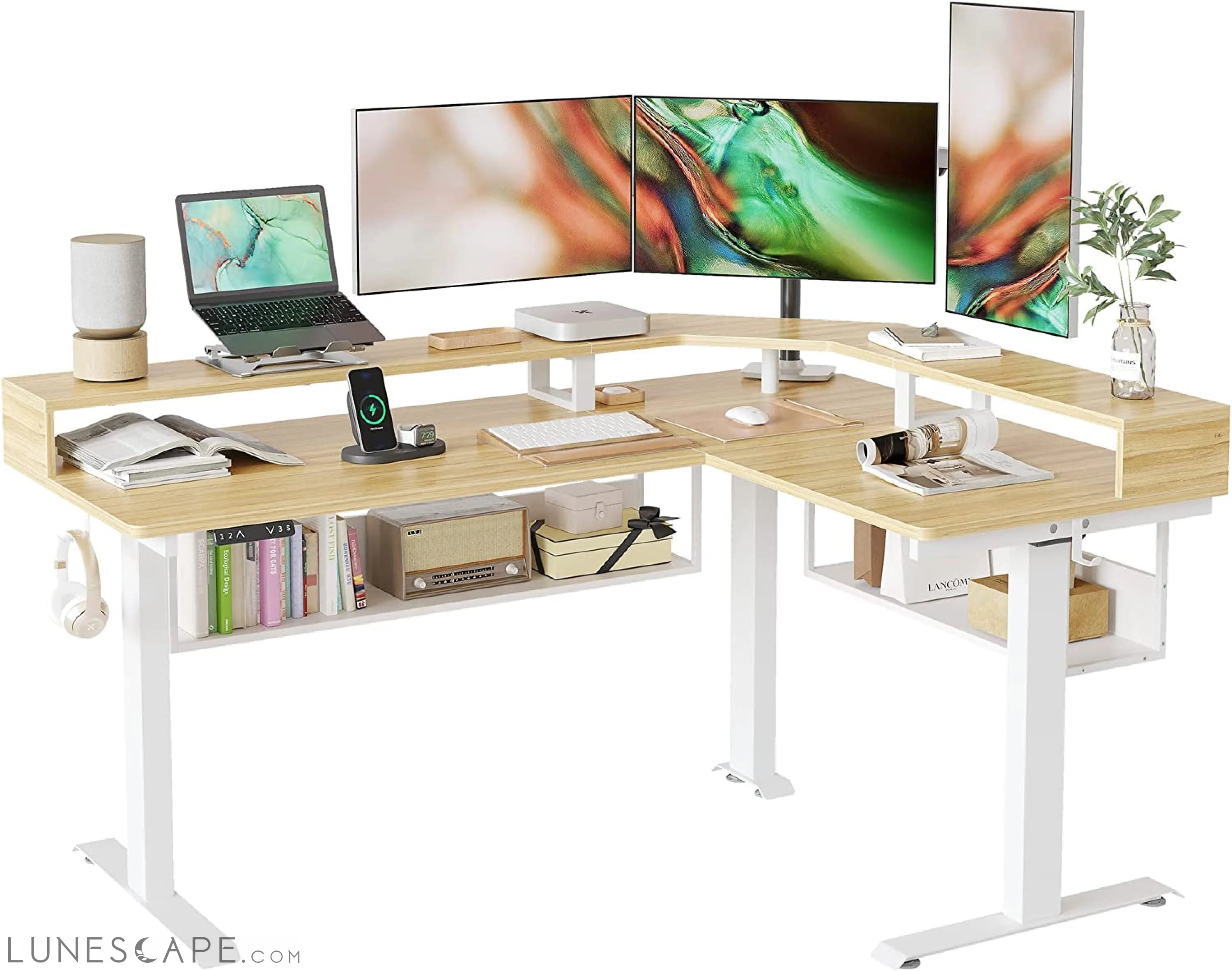 L-Shaped Standing Desk with Shelves, Triple Motors, Oak LUNESCAPE