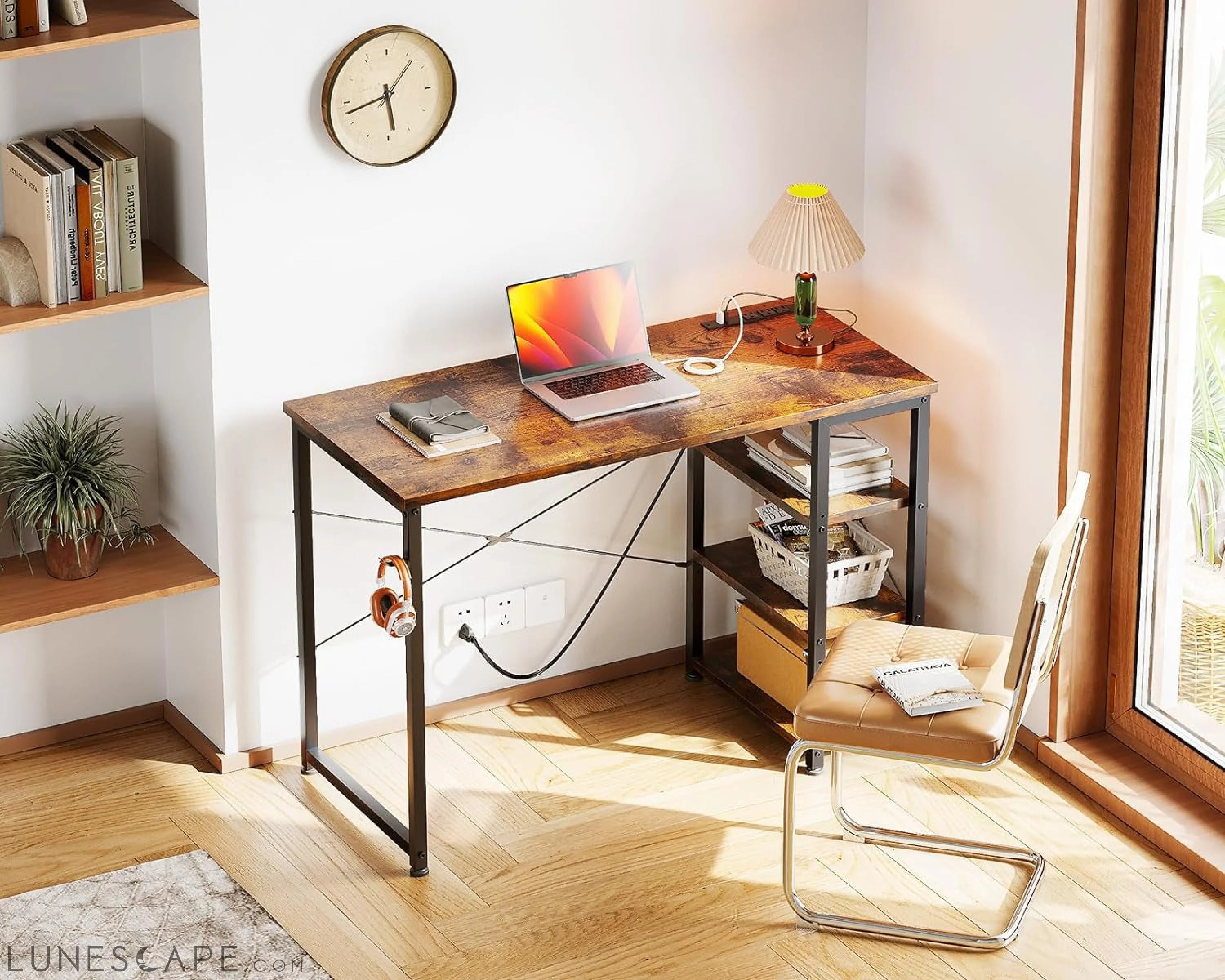 Laptop Desk Small Desk, 40 Inch Computer Desk with Power Outlet and LUNESCAPE