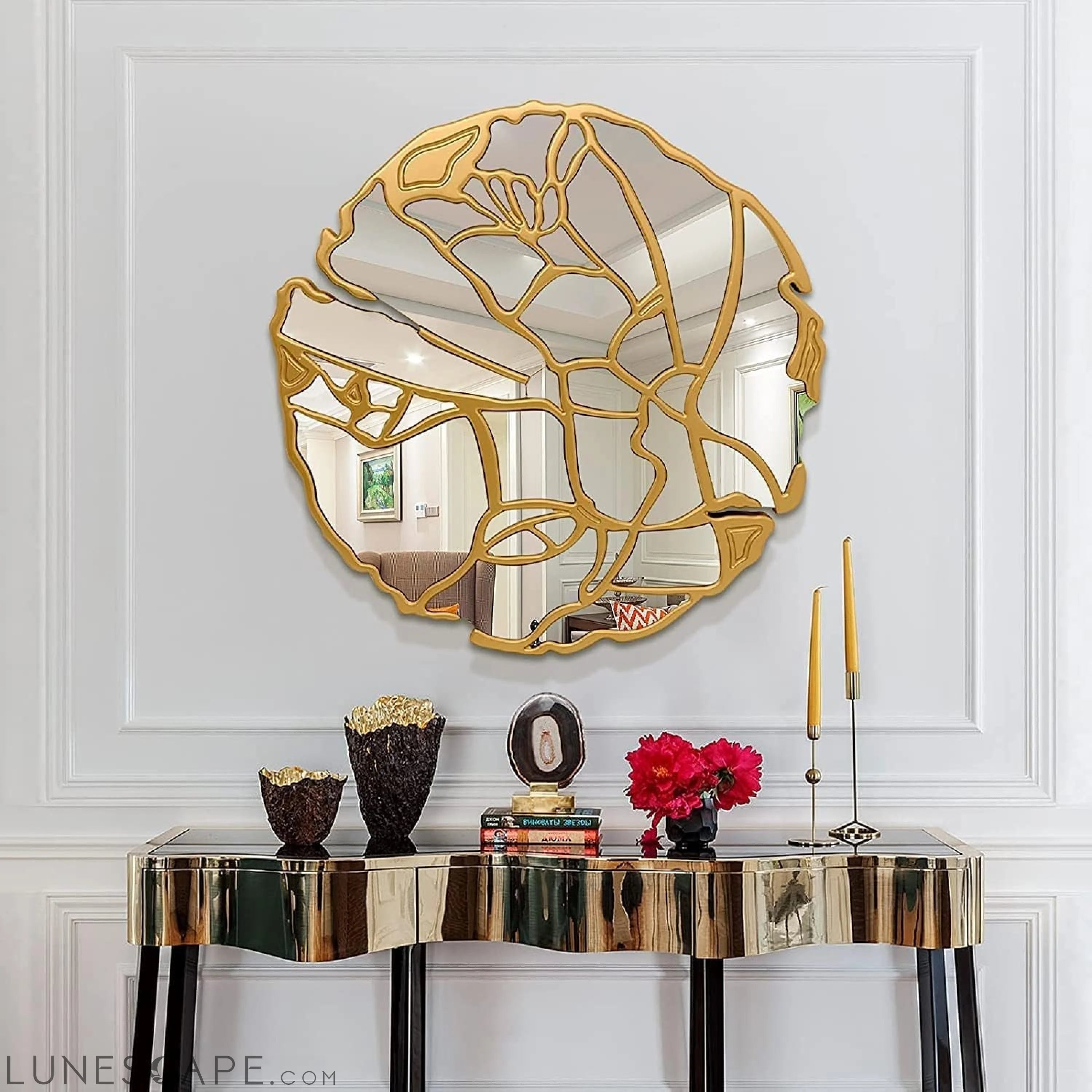 Large Irregular Frame Gold Wall Mirror - Decorative Round Mirror for LUNESCAPE