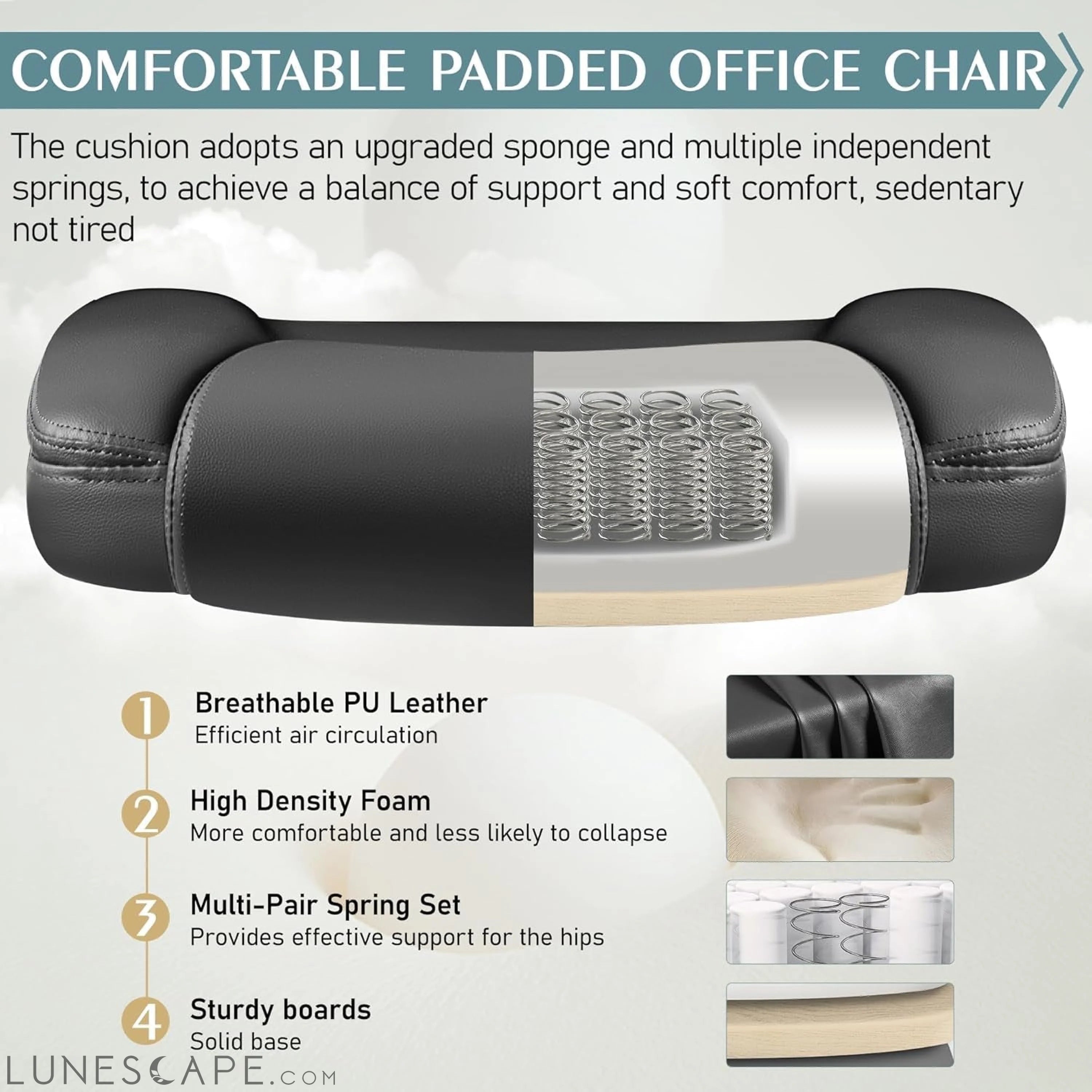 Leather Office Chair, PU Home Computer Desk Chairs with Ergonomic Back LUNESCAPE