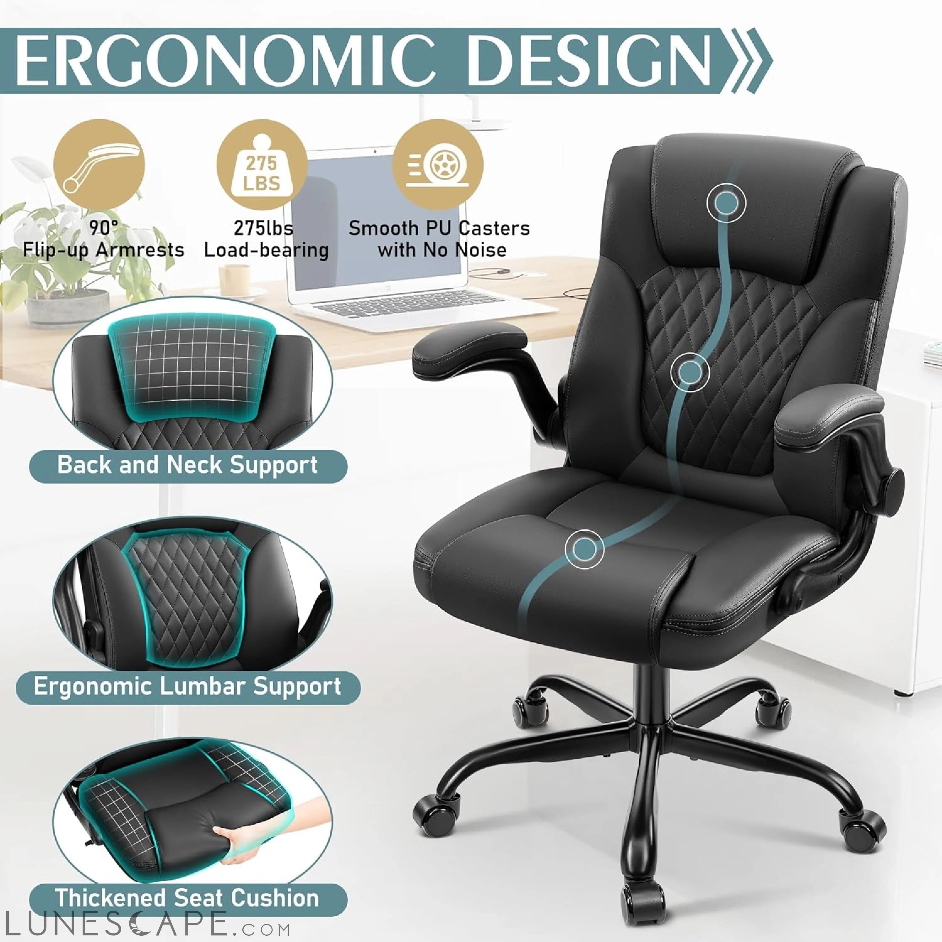 Leather Office Chair, PU Home Computer Desk Chairs with Ergonomic Back LUNESCAPE