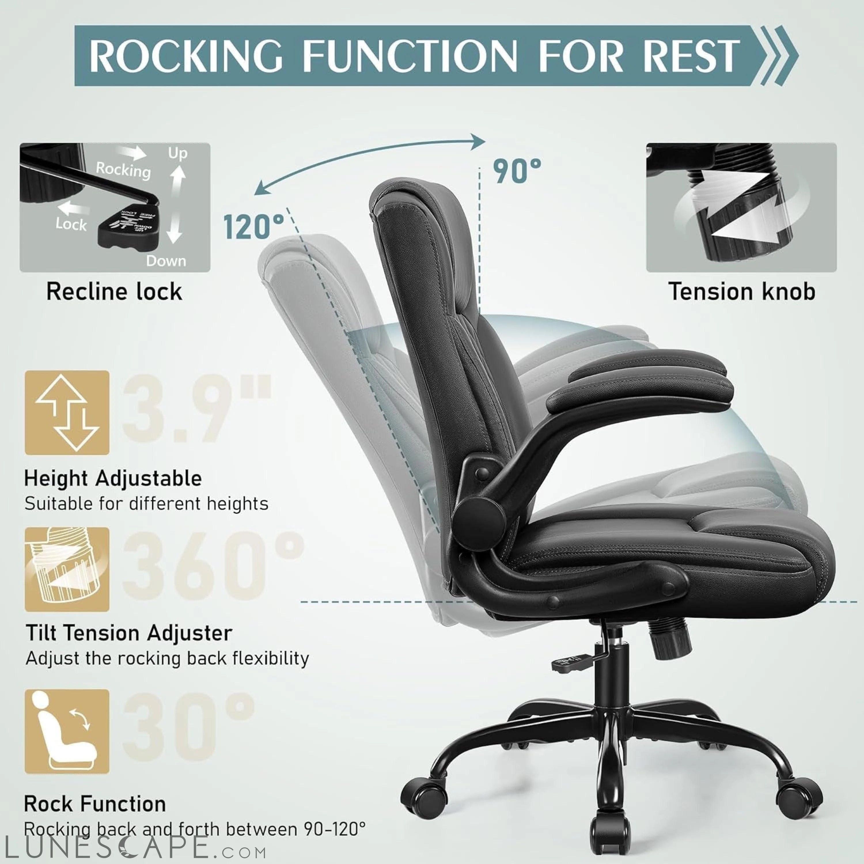 Leather Office Chair, PU Home Computer Desk Chairs with Ergonomic Back LUNESCAPE