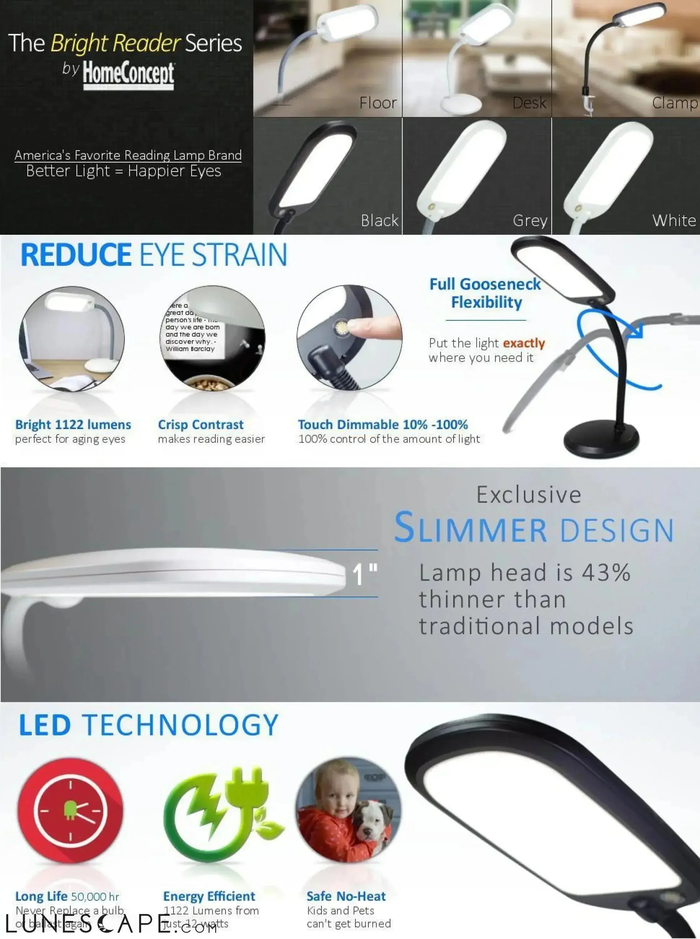 LED Bright Reader Natural Daylight Full Spectrum Desk Lamp LUNESCAPE