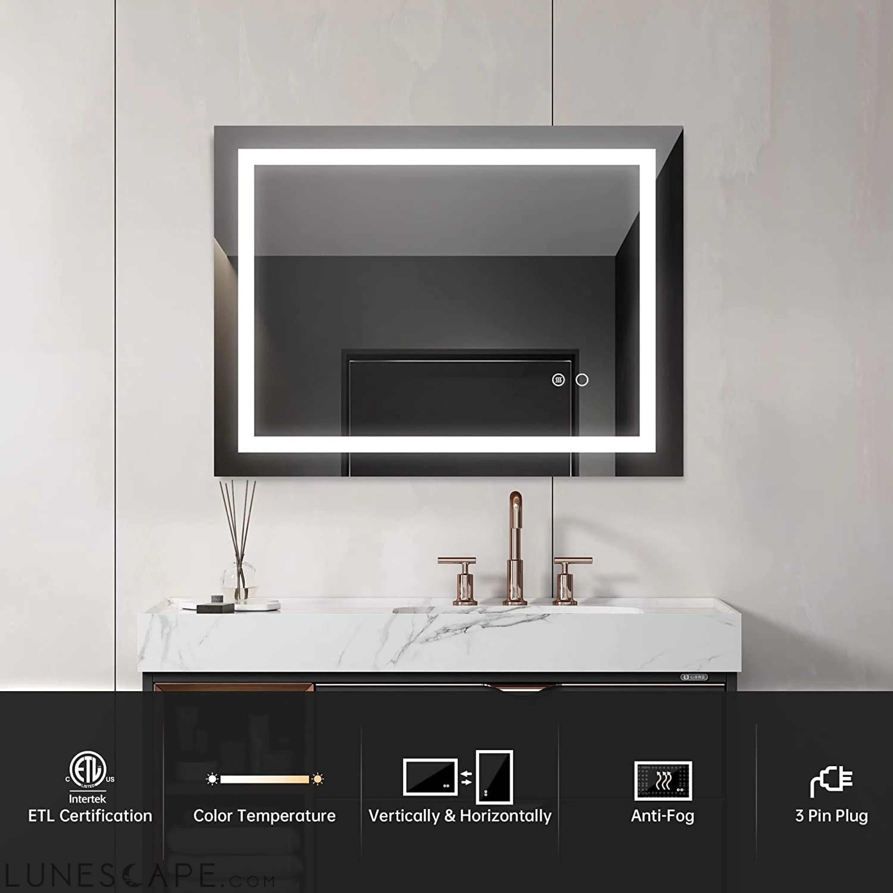 LED Wall Mounted Bathroom Mirror, Anti-Fog LUNESCAPE