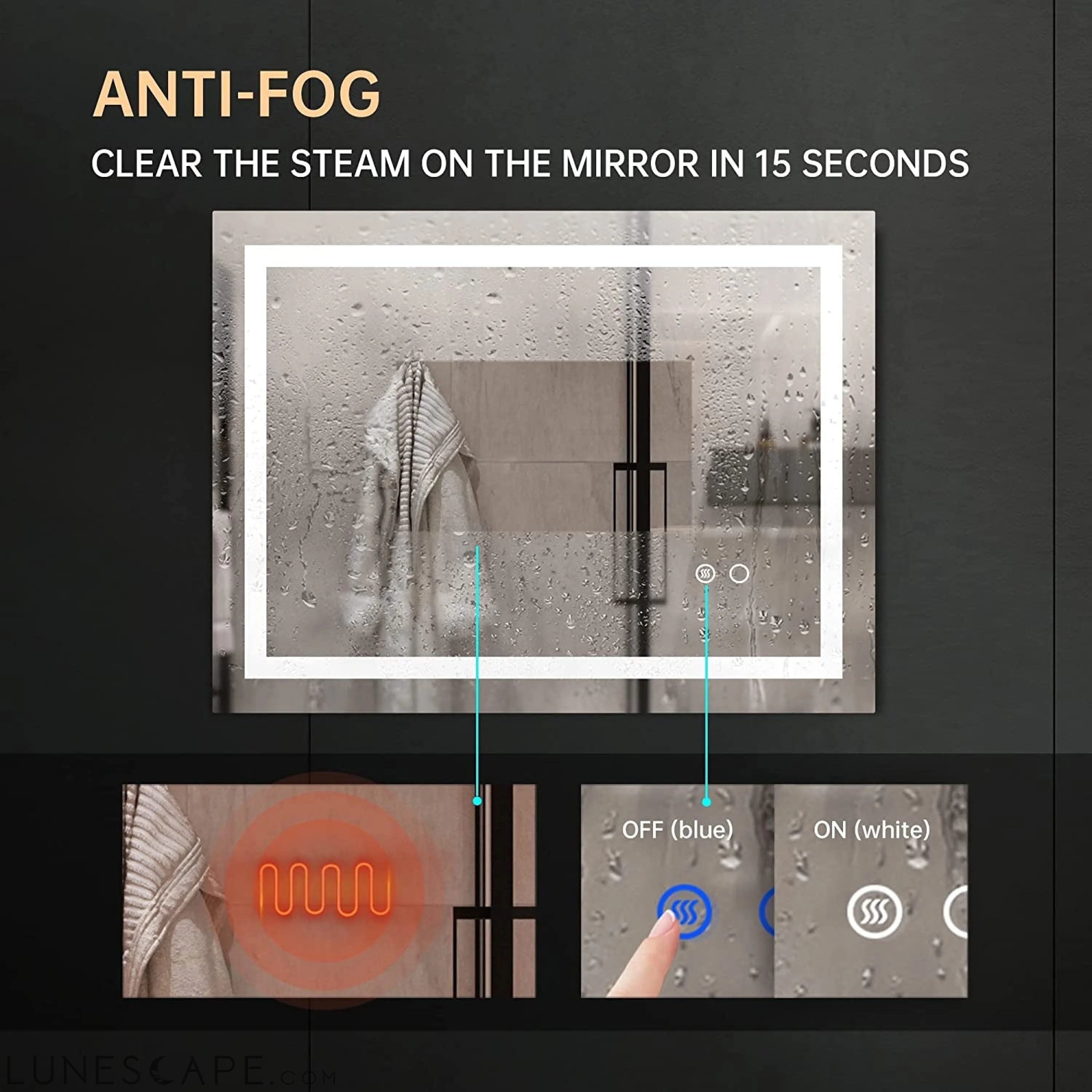 LED Wall Mounted Bathroom Mirror, Anti-Fog LUNESCAPE
