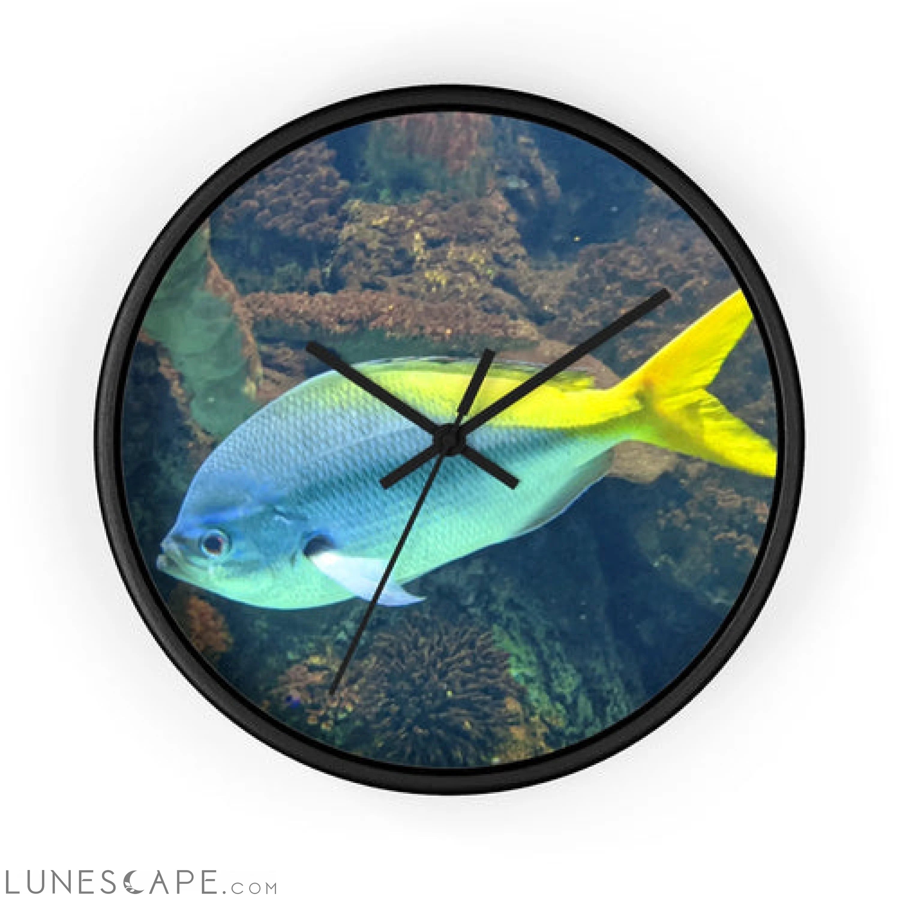 Light Blue and Yellow Fish Wall clock LUNESCAPE