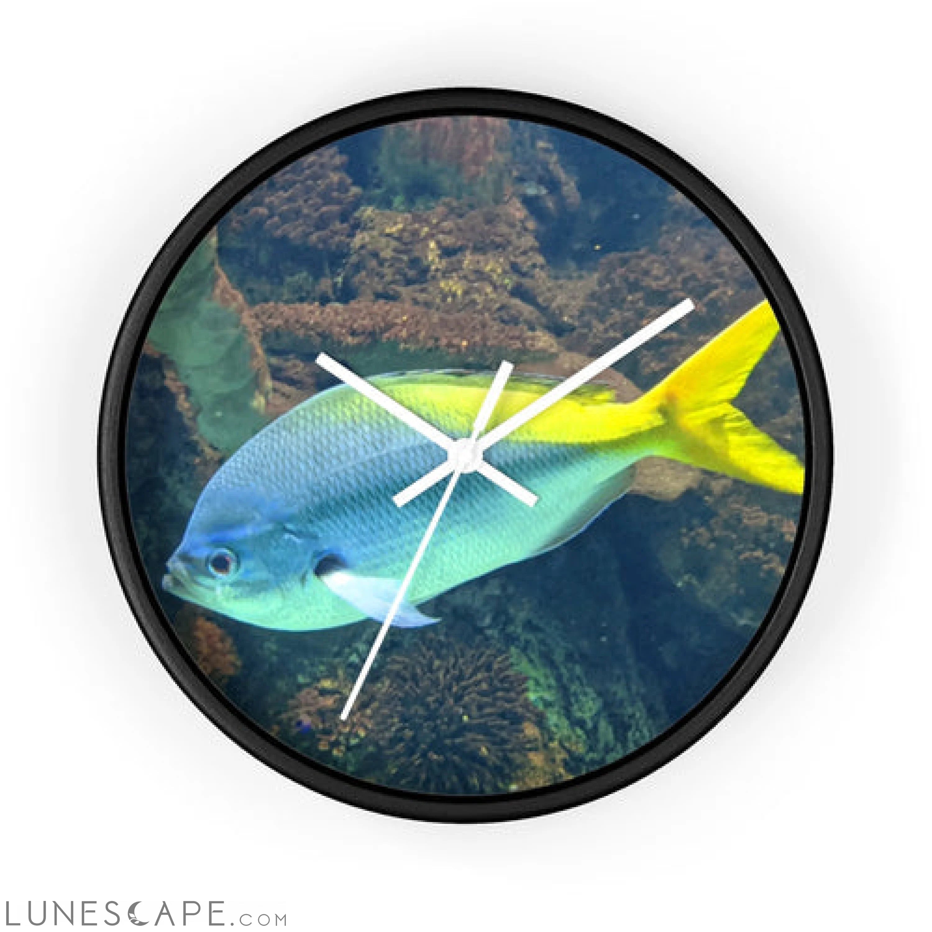 Light Blue and Yellow Fish Wall clock LUNESCAPE