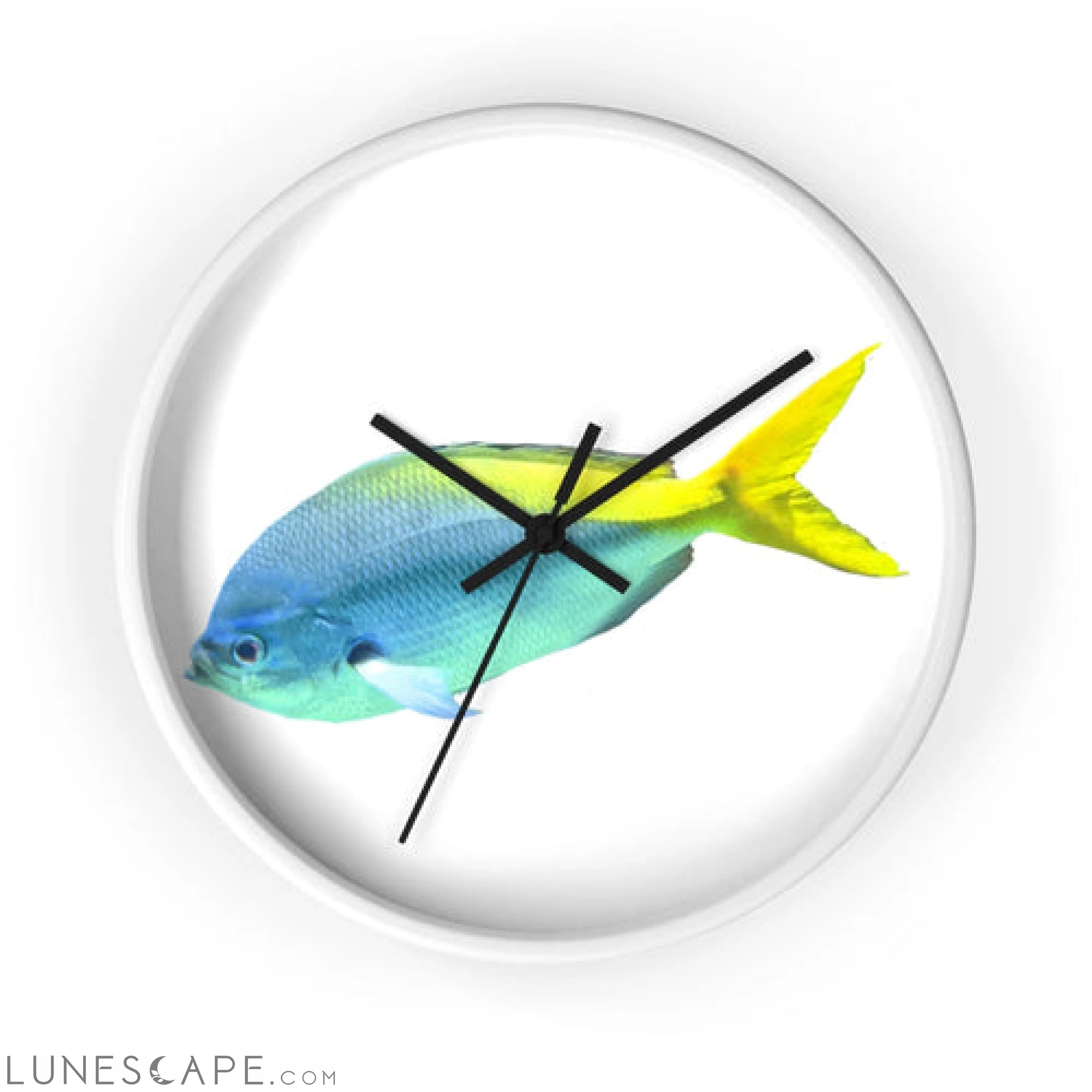 Light Blue and Yellow Fish Wall clock LUNESCAPE