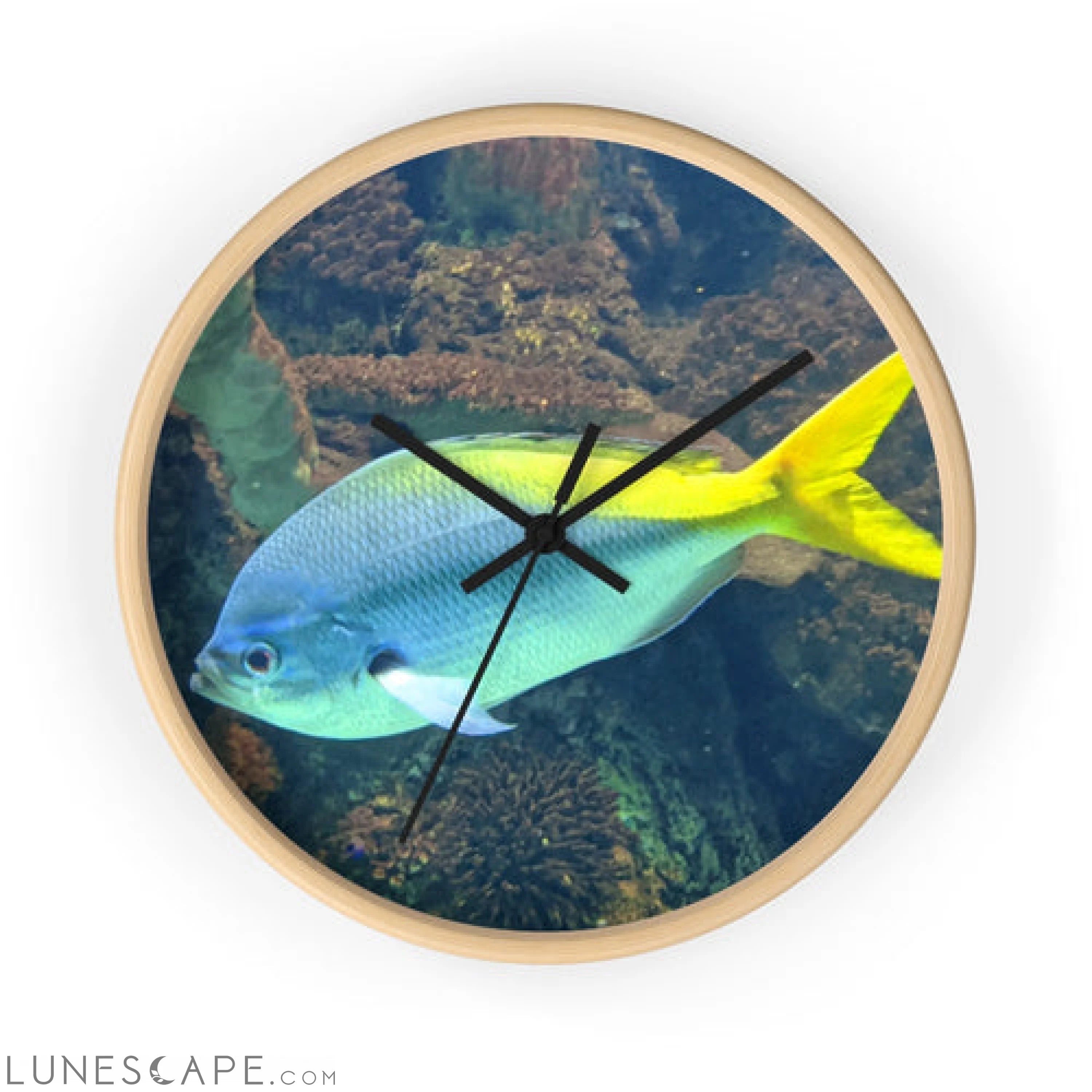 Light Blue and Yellow Fish Wall clock LUNESCAPE