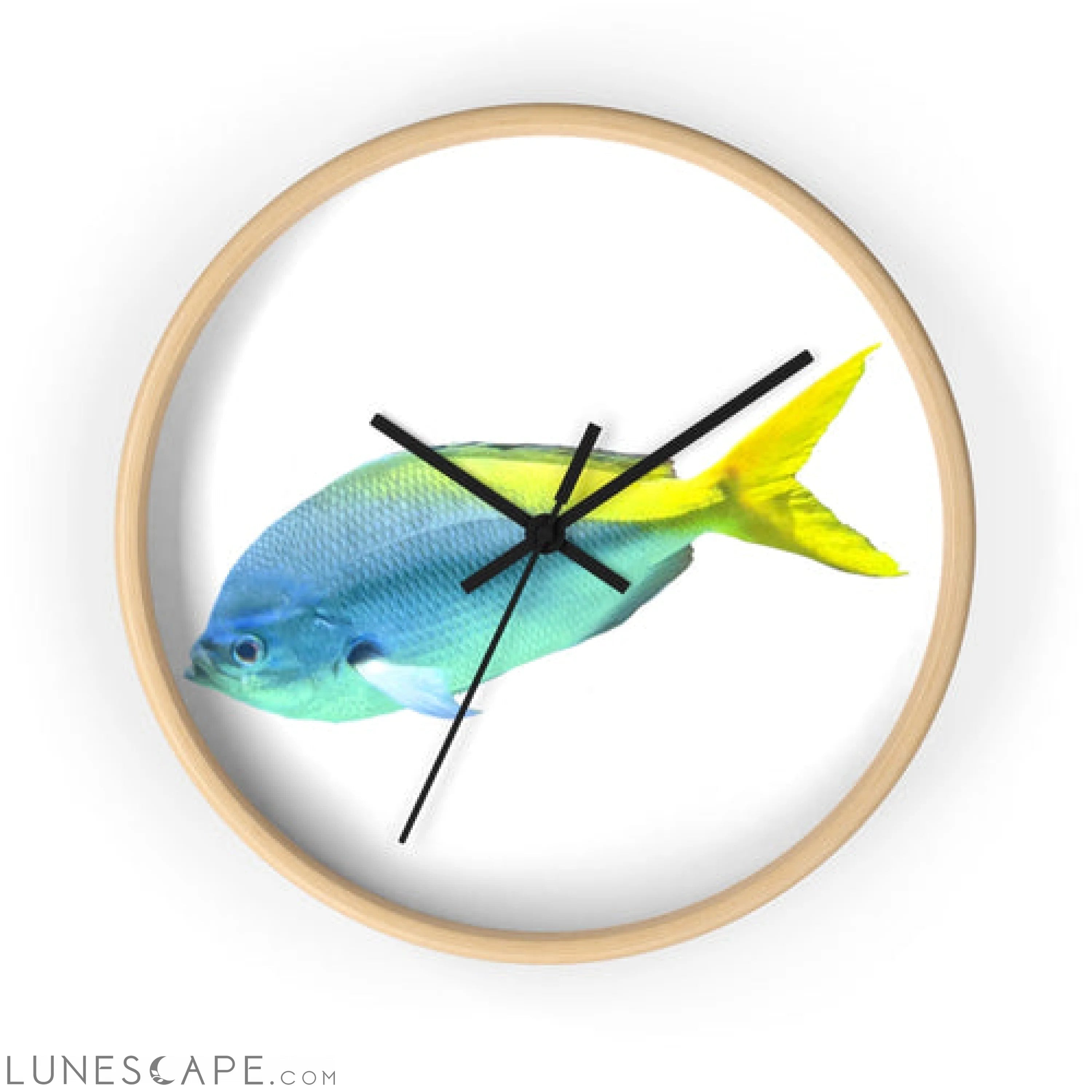 Light Blue and Yellow Fish Wall clock LUNESCAPE