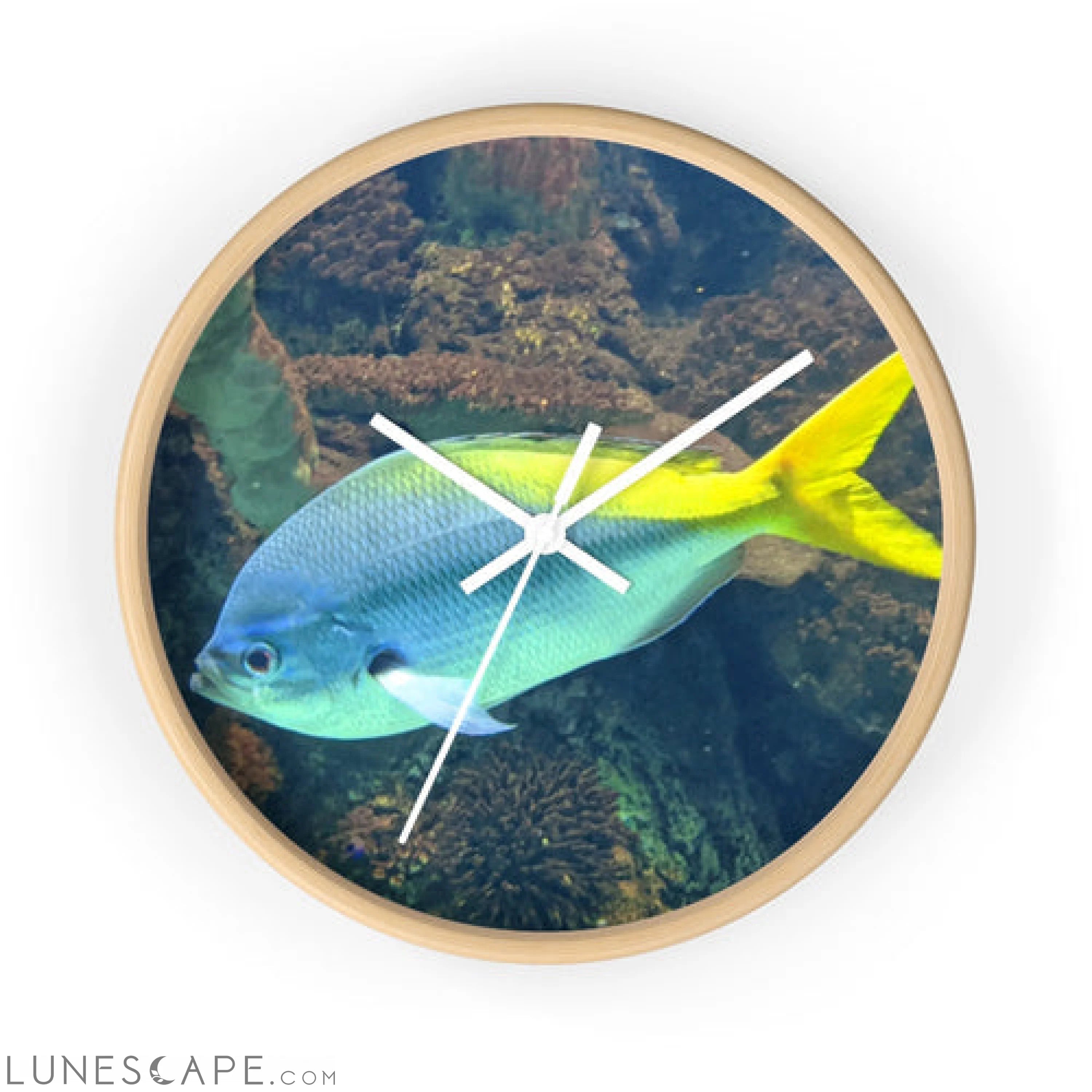 Light Blue and Yellow Fish Wall clock LUNESCAPE