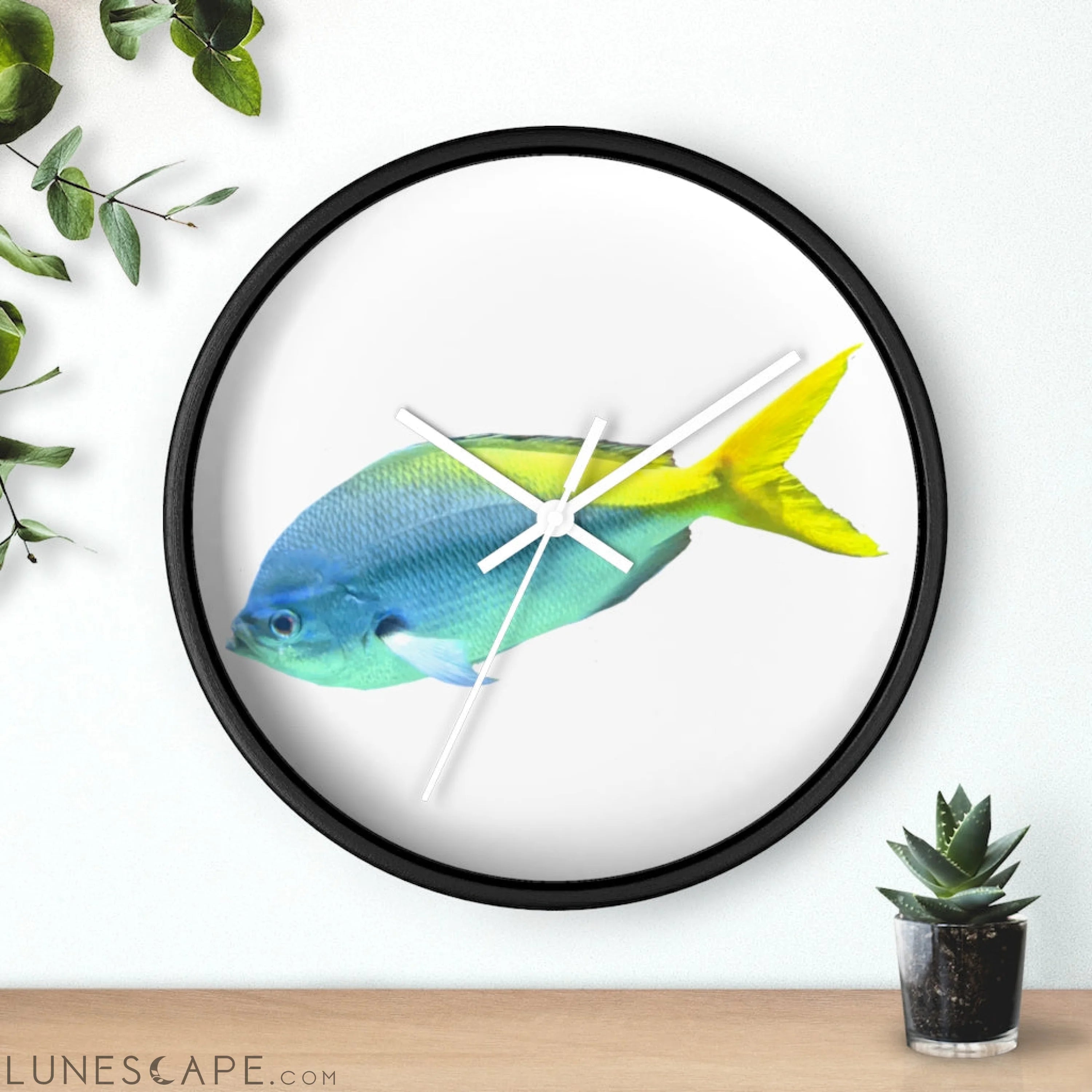 Light Blue and Yellow Fish Wall clock LUNESCAPE