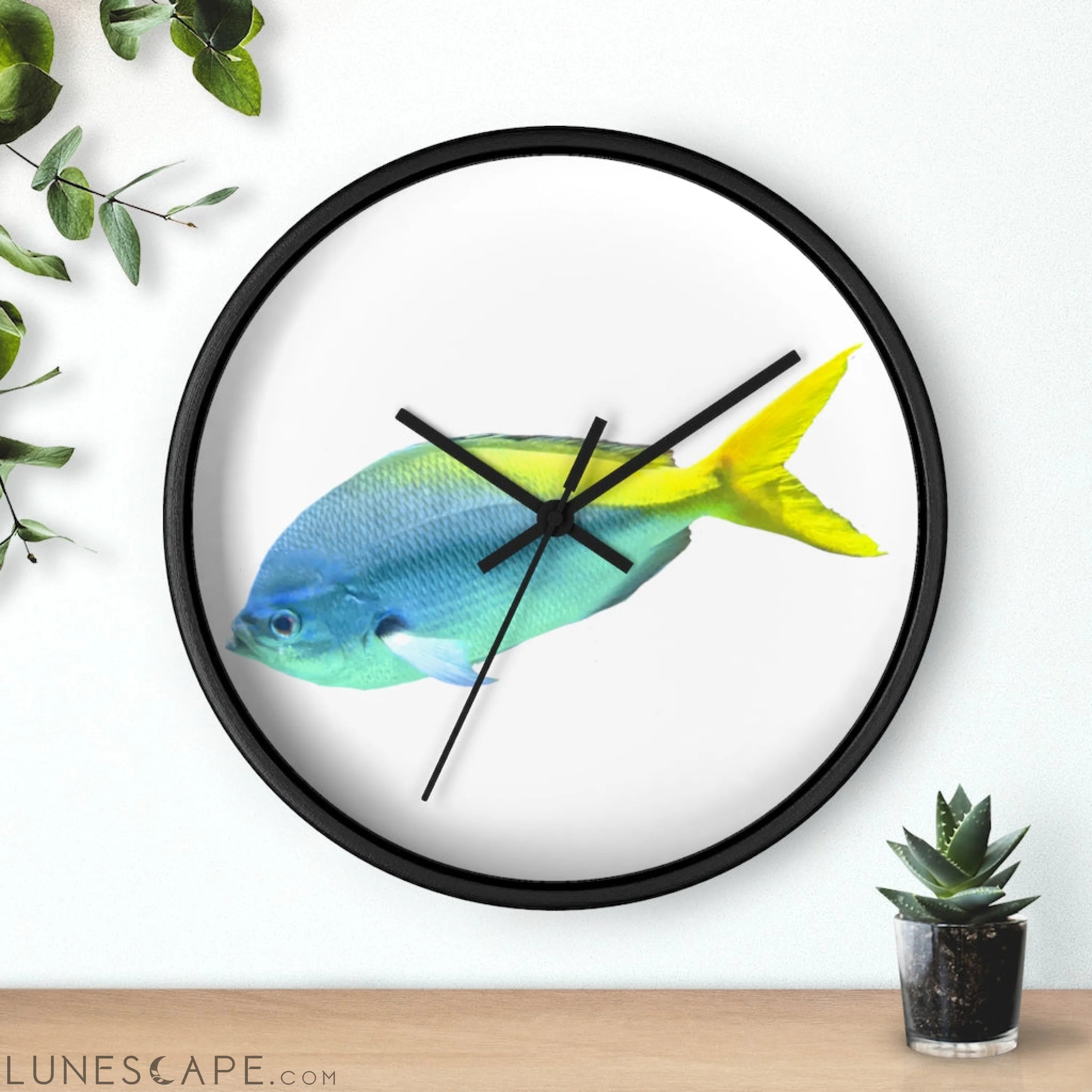 Light Blue and Yellow Fish Wall clock LUNESCAPE