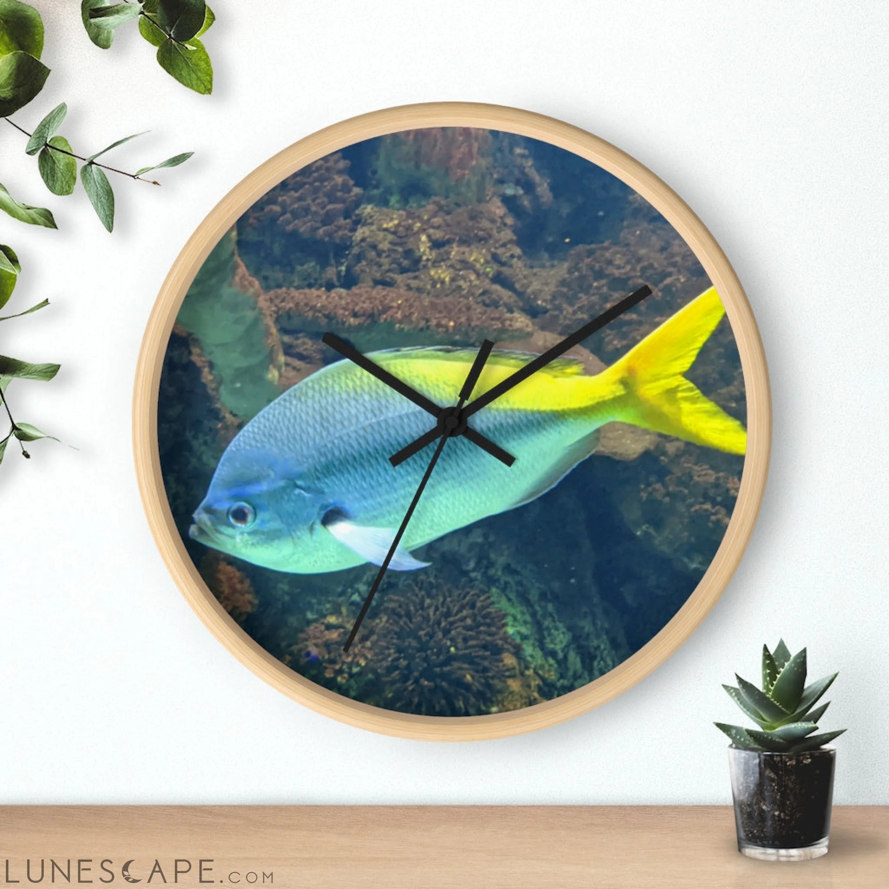 Light Blue and Yellow Fish Wall clock LUNESCAPE