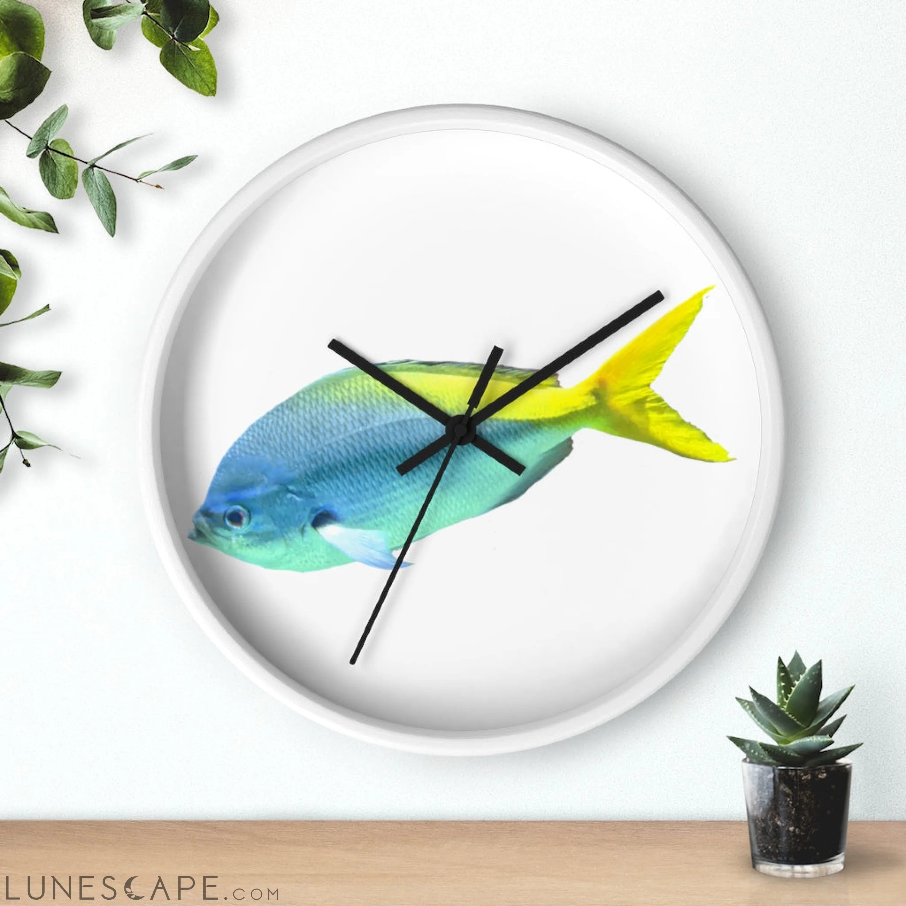 Light Blue and Yellow Fish Wall clock LUNESCAPE