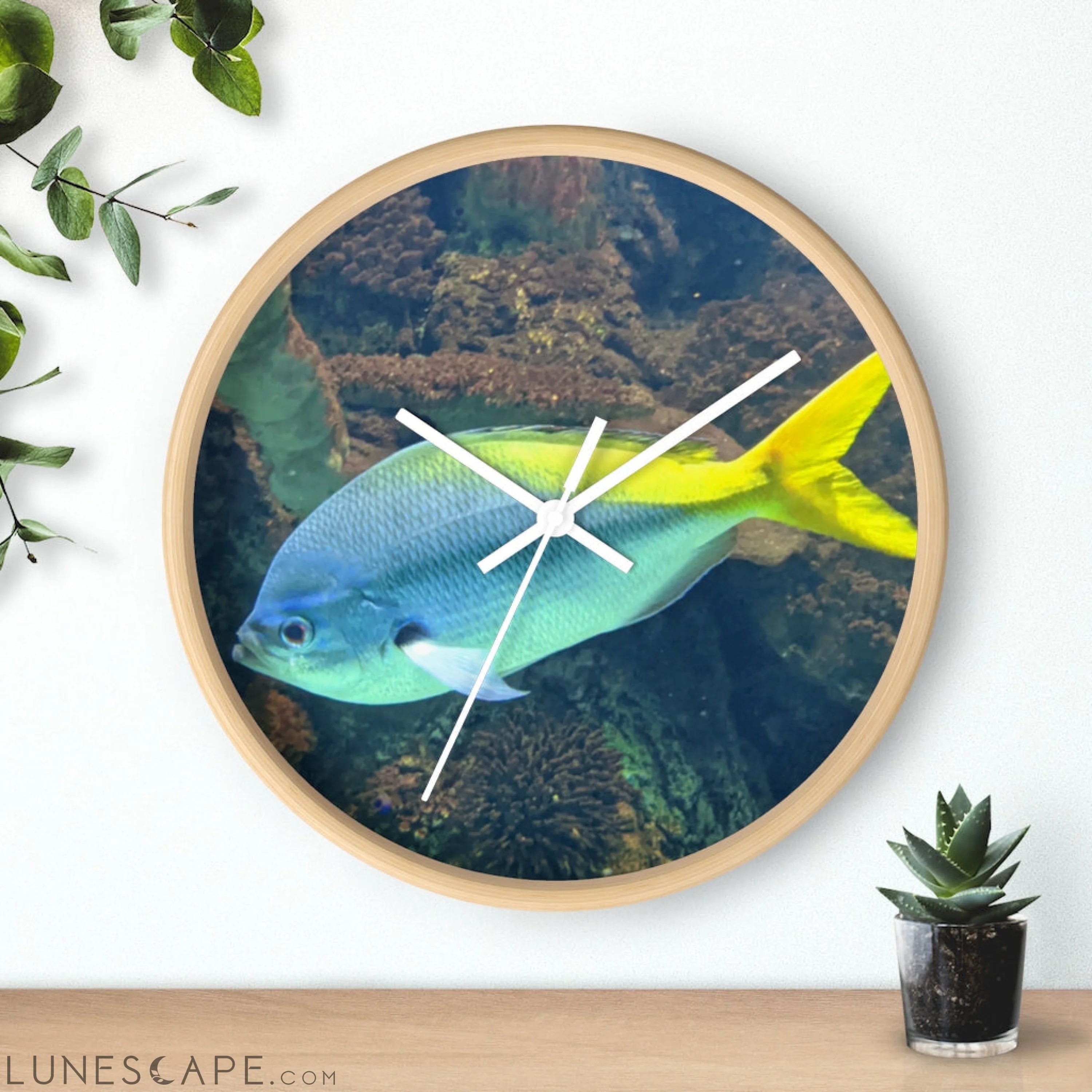 Light Blue and Yellow Fish Wall clock LUNESCAPE