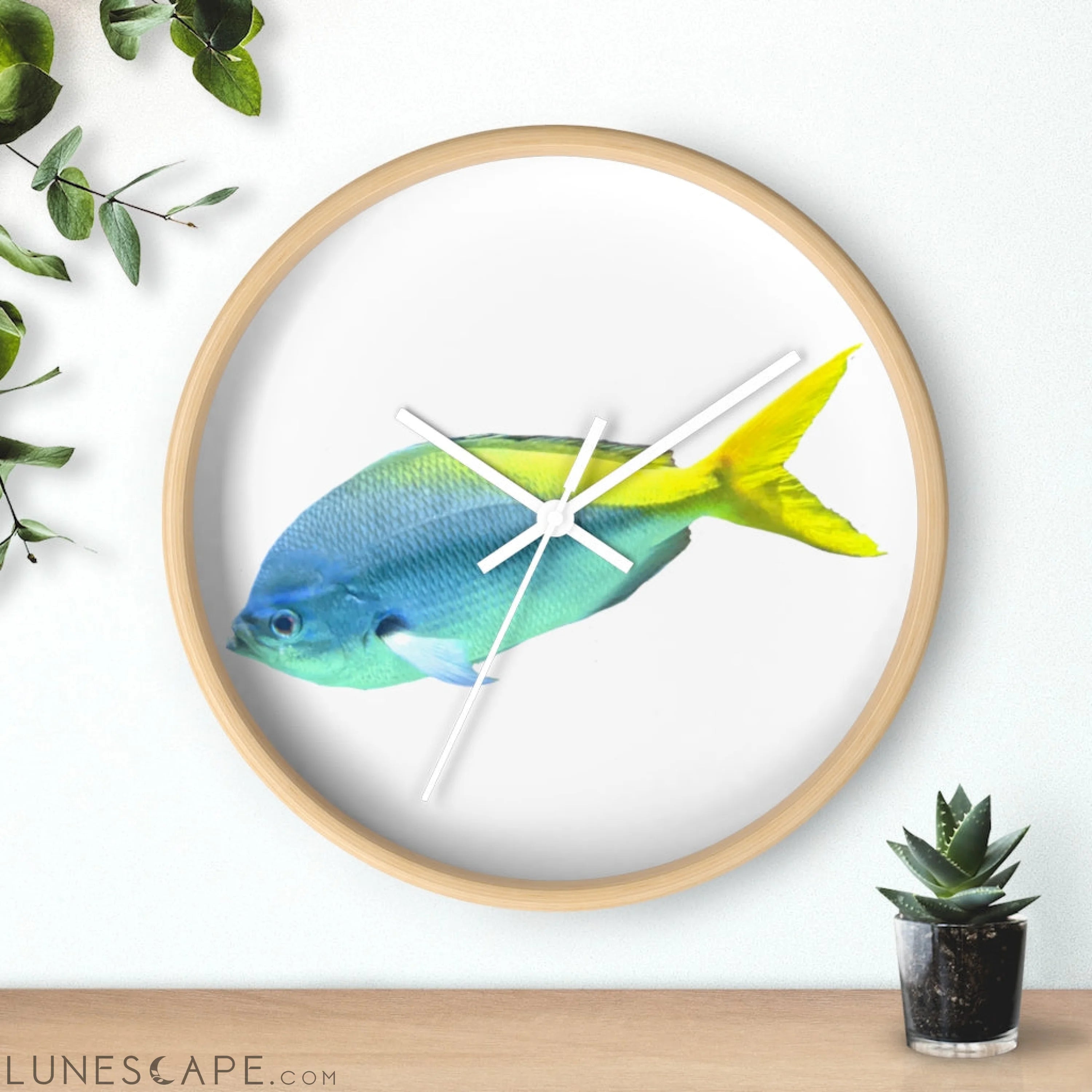 Light Blue and Yellow Fish Wall clock LUNESCAPE