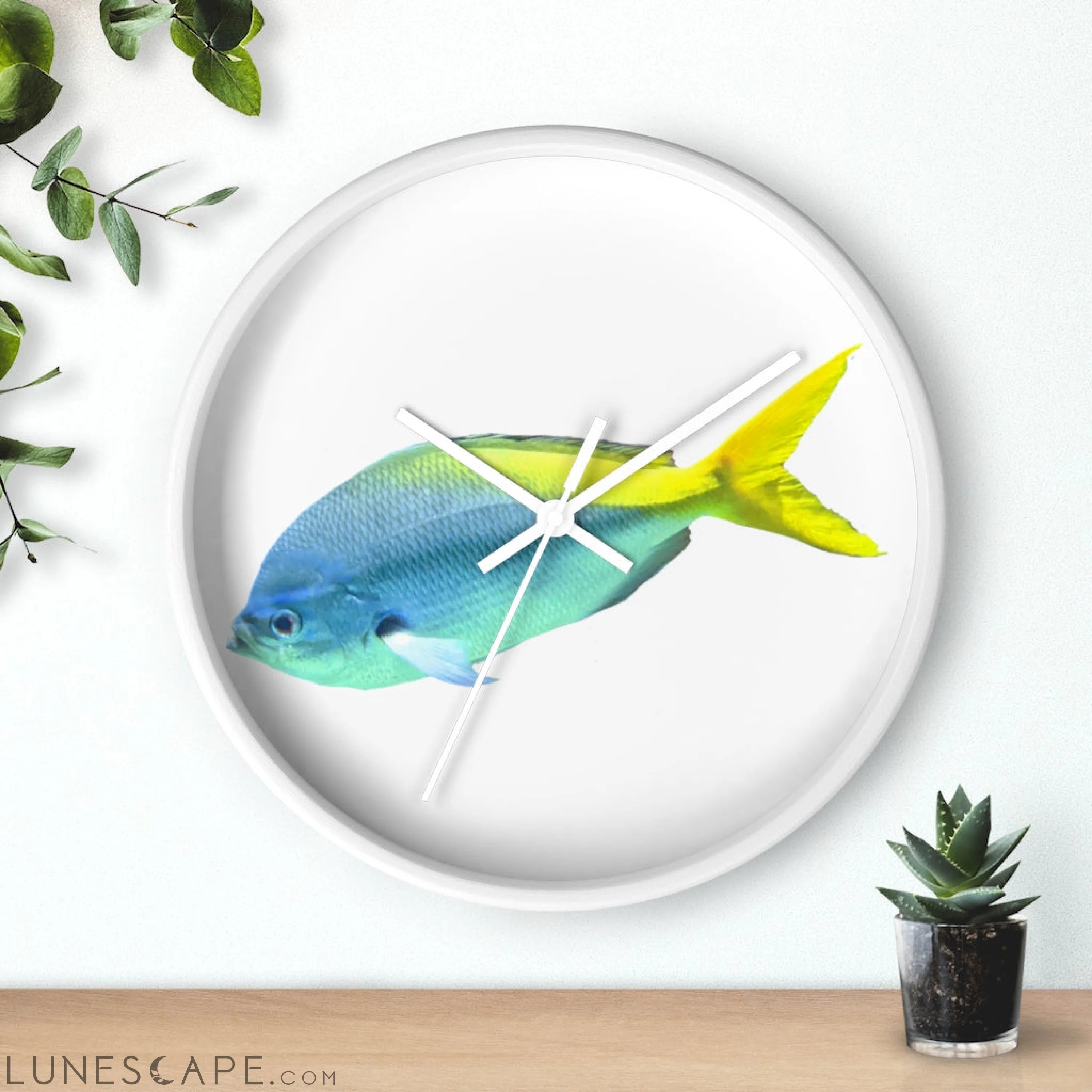 Light Blue and Yellow Fish Wall clock LUNESCAPE