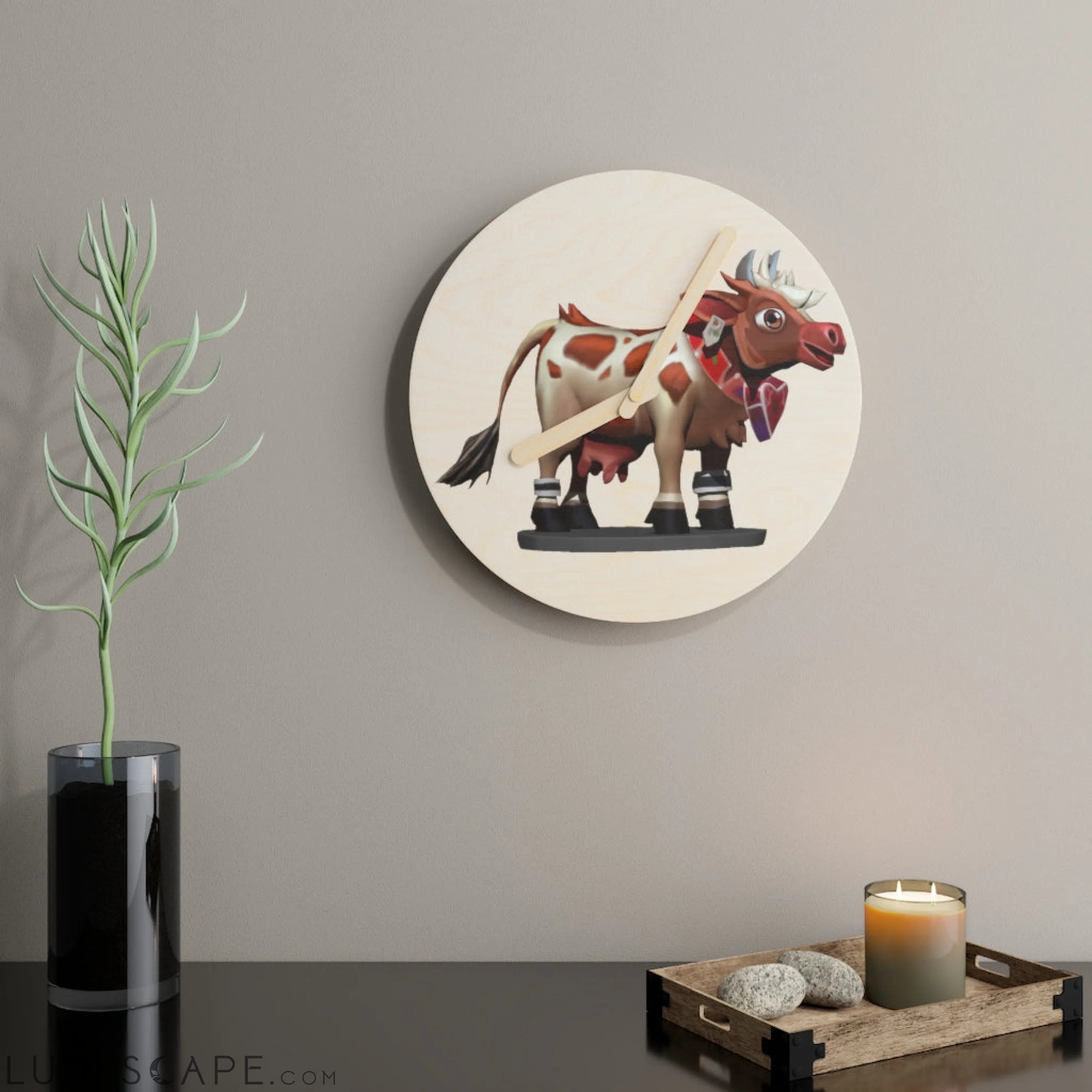 Light Brown Cow Wooden Wall Clock LUNESCAPE