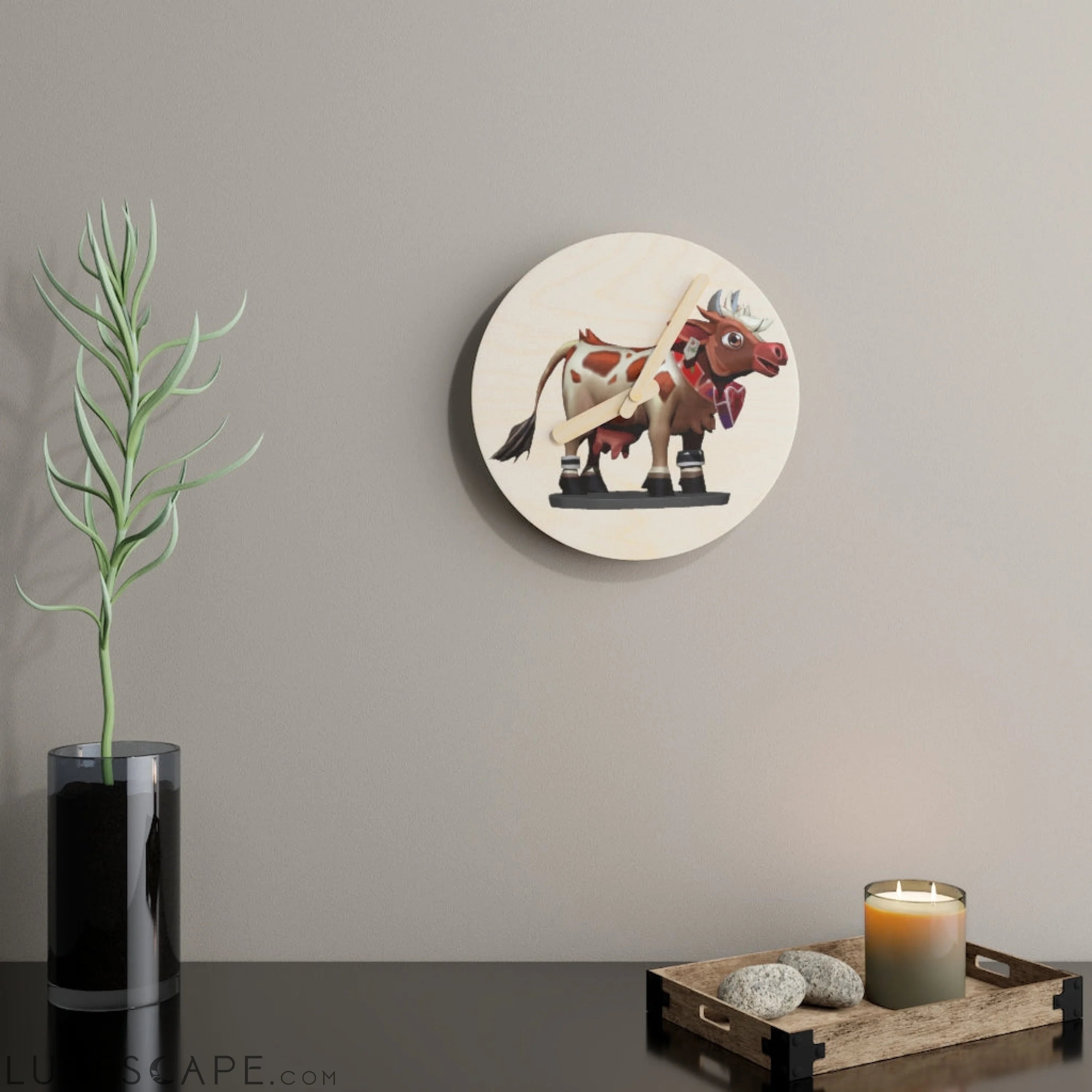 Light Brown Cow Wooden Wall Clock LUNESCAPE