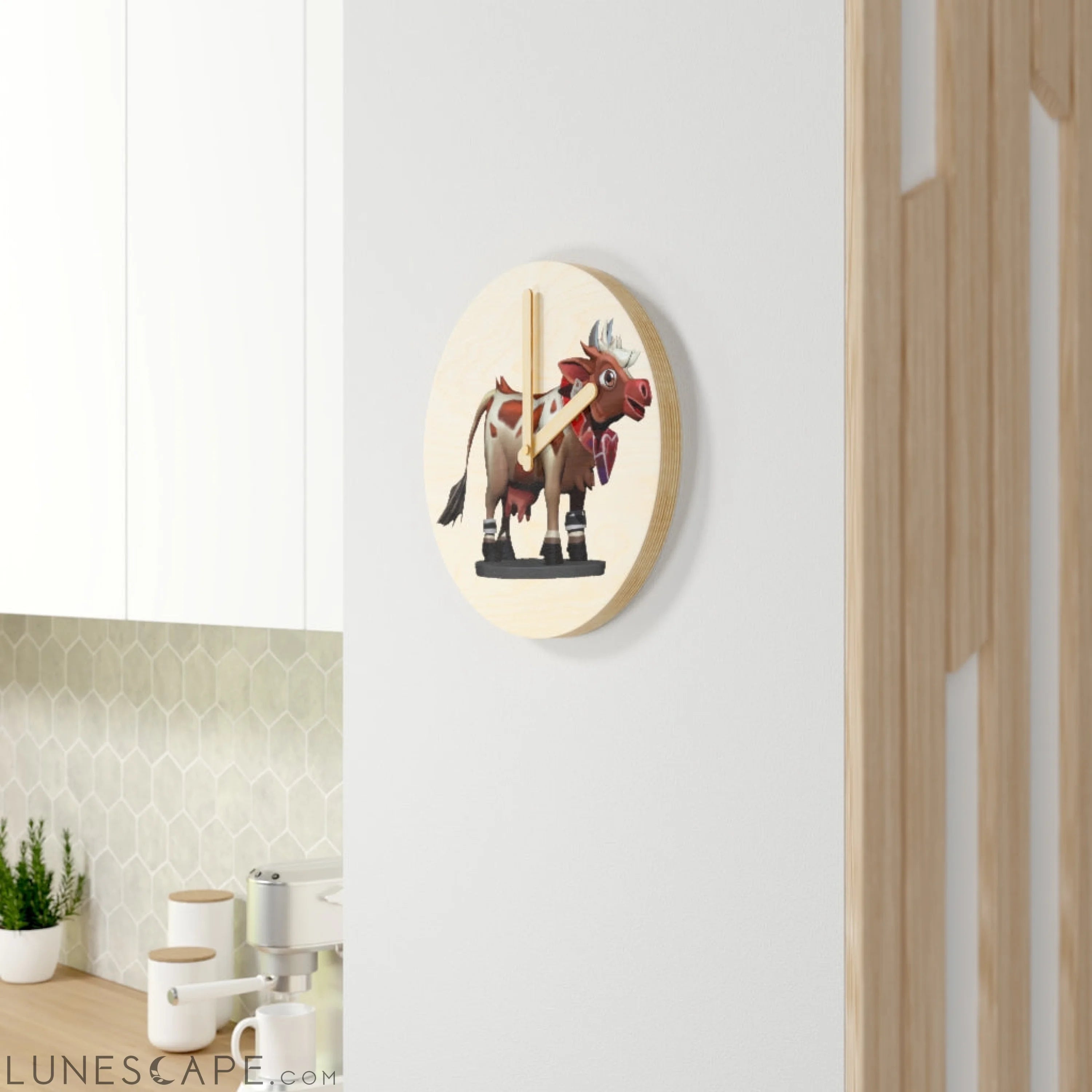 Light Brown Cow Wooden Wall Clock LUNESCAPE