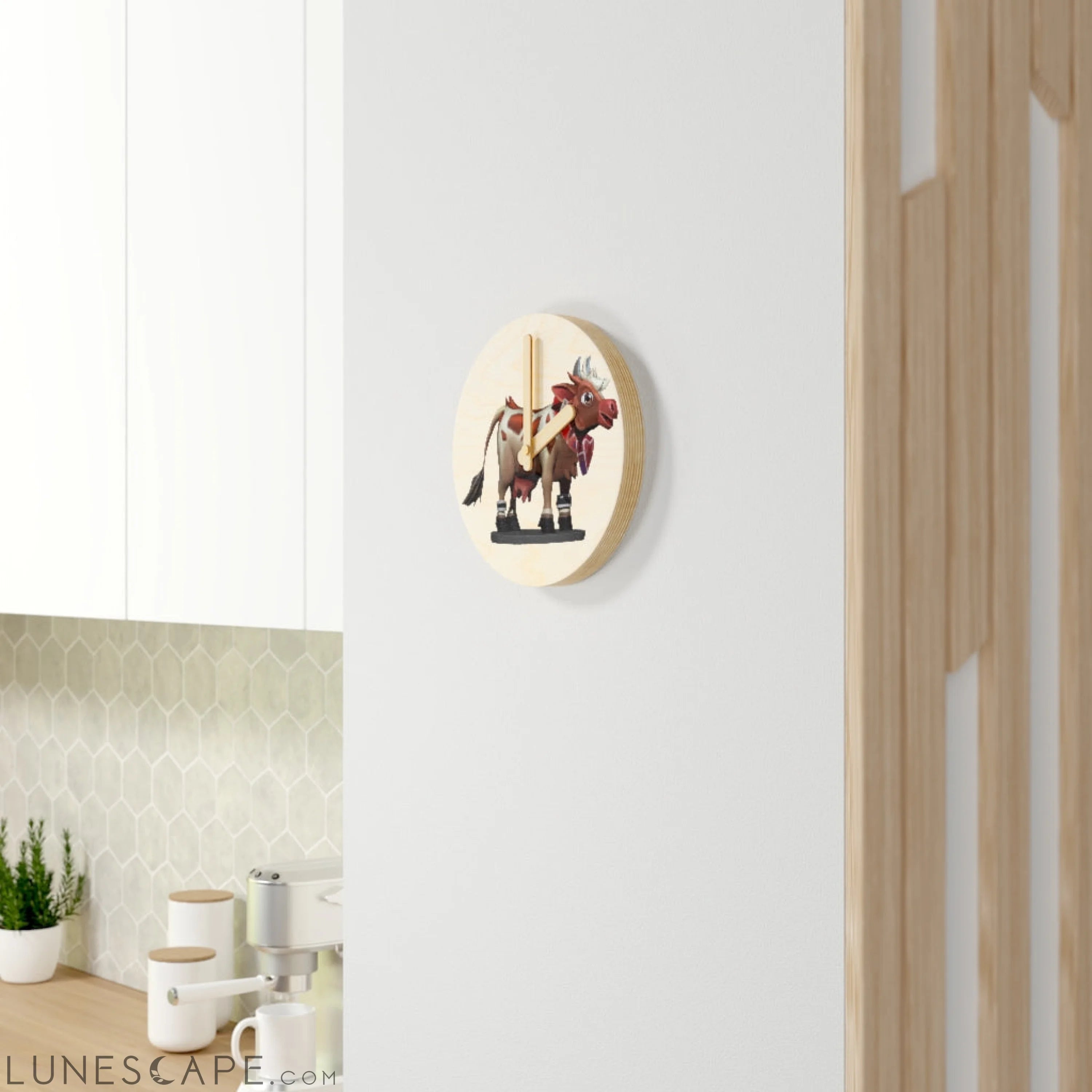 Light Brown Cow Wooden Wall Clock LUNESCAPE