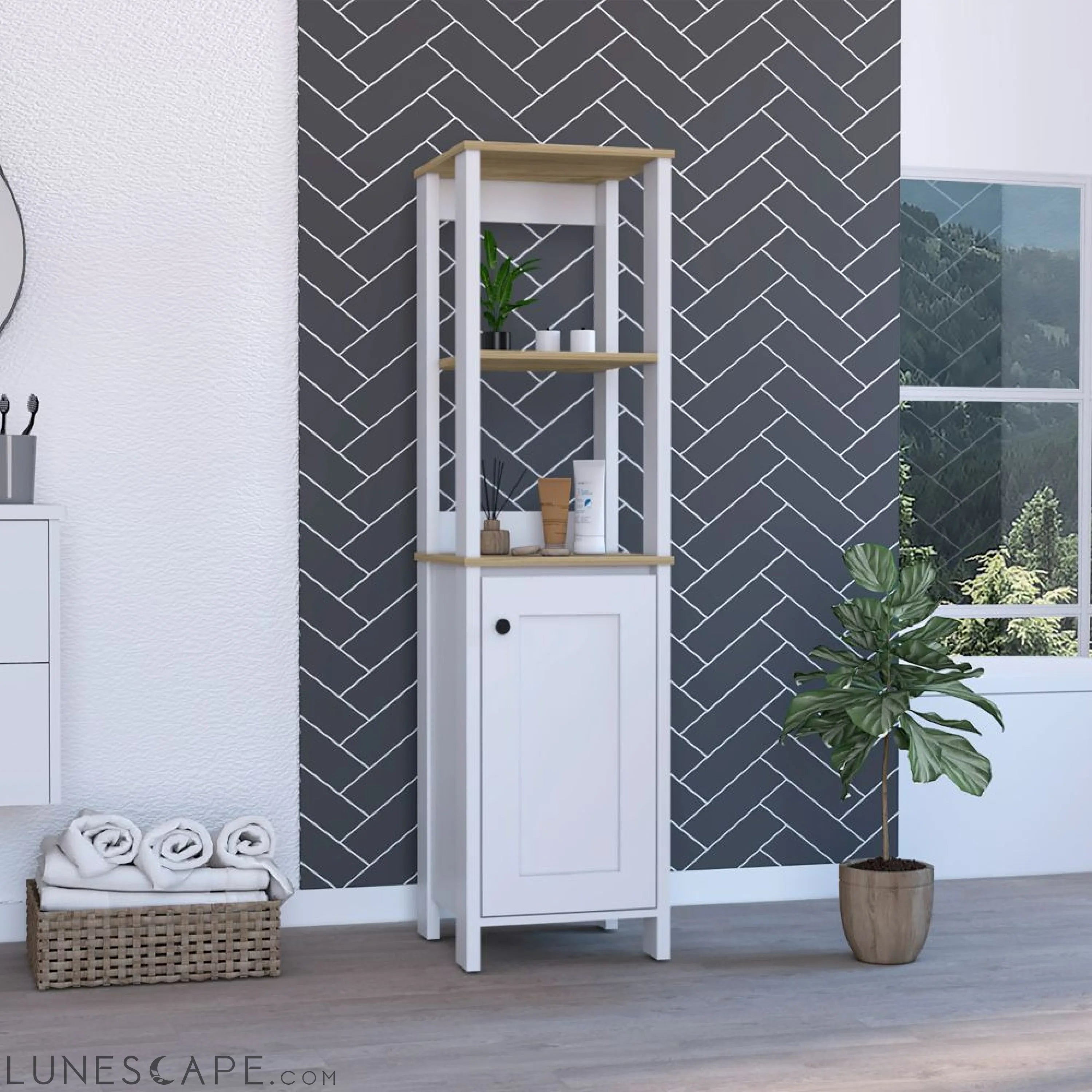 Linen Cabinet Jannes, Two Open Shelves, Single Door, Light Oak / White LUNESCAPE