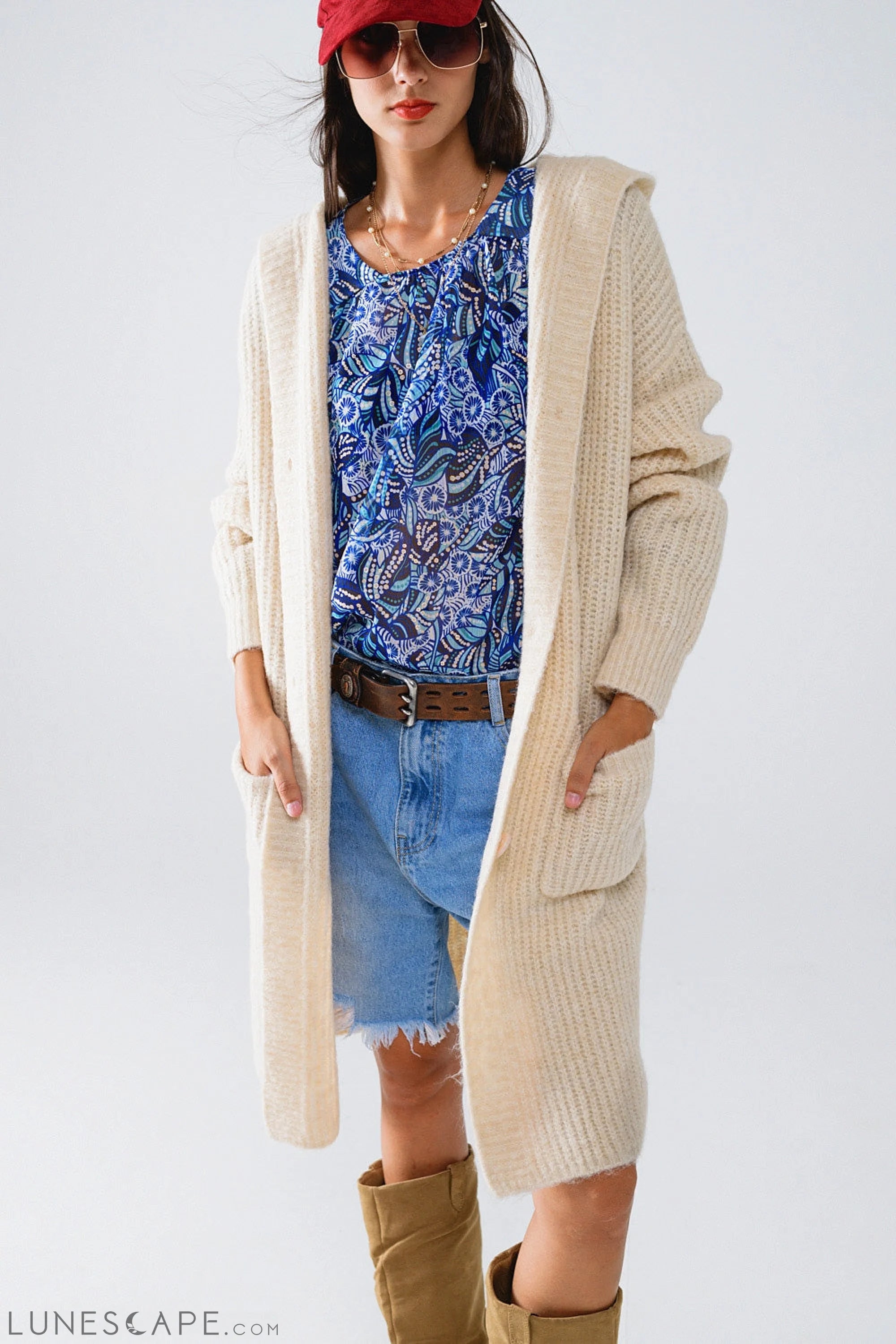 Long Ribbed Cardigan With Pockes and Hood in Cream LUNESCAPE