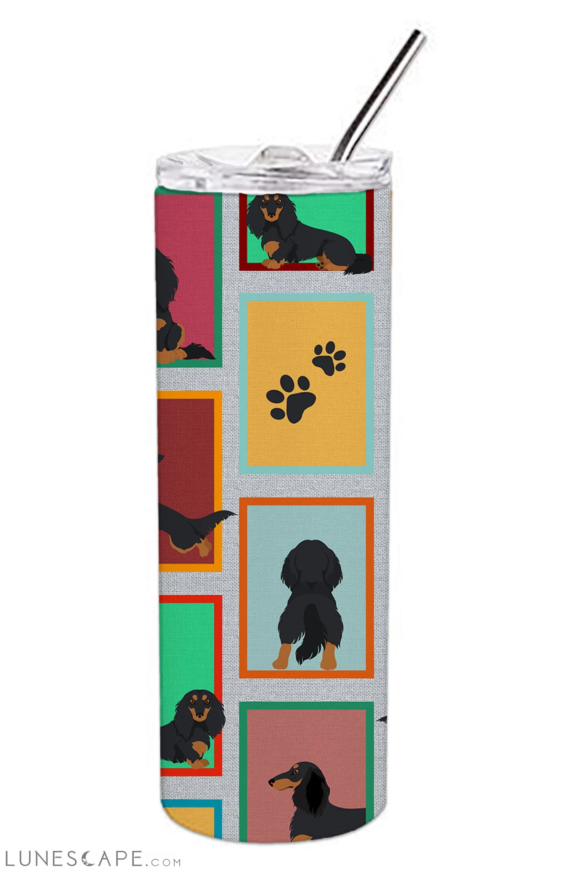 Longhaired Black Tan Dachshund Stainless Steel Tumbler Travel Mug LUNESCAPE
