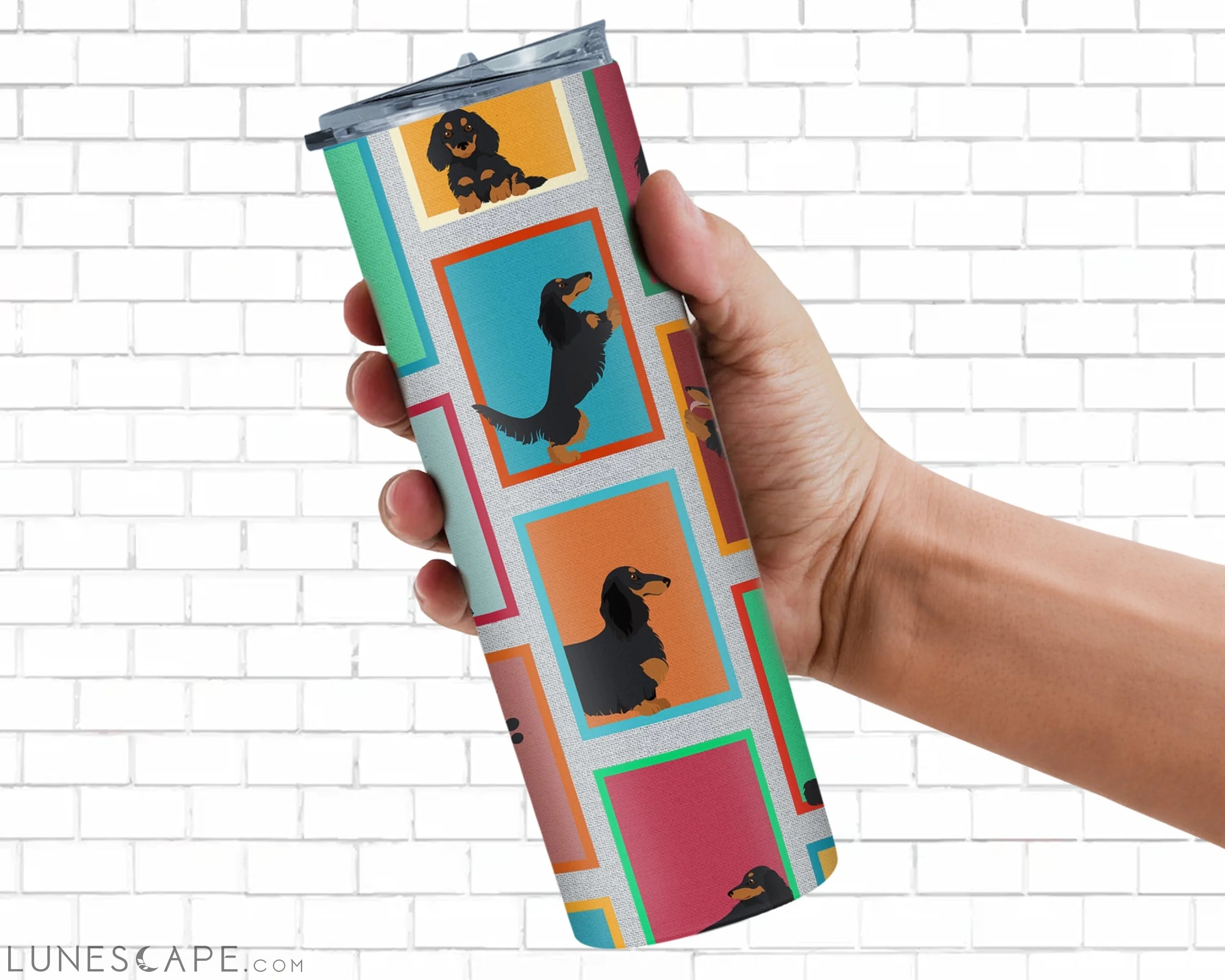 Longhaired Black Tan Dachshund Stainless Steel Tumbler Travel Mug LUNESCAPE