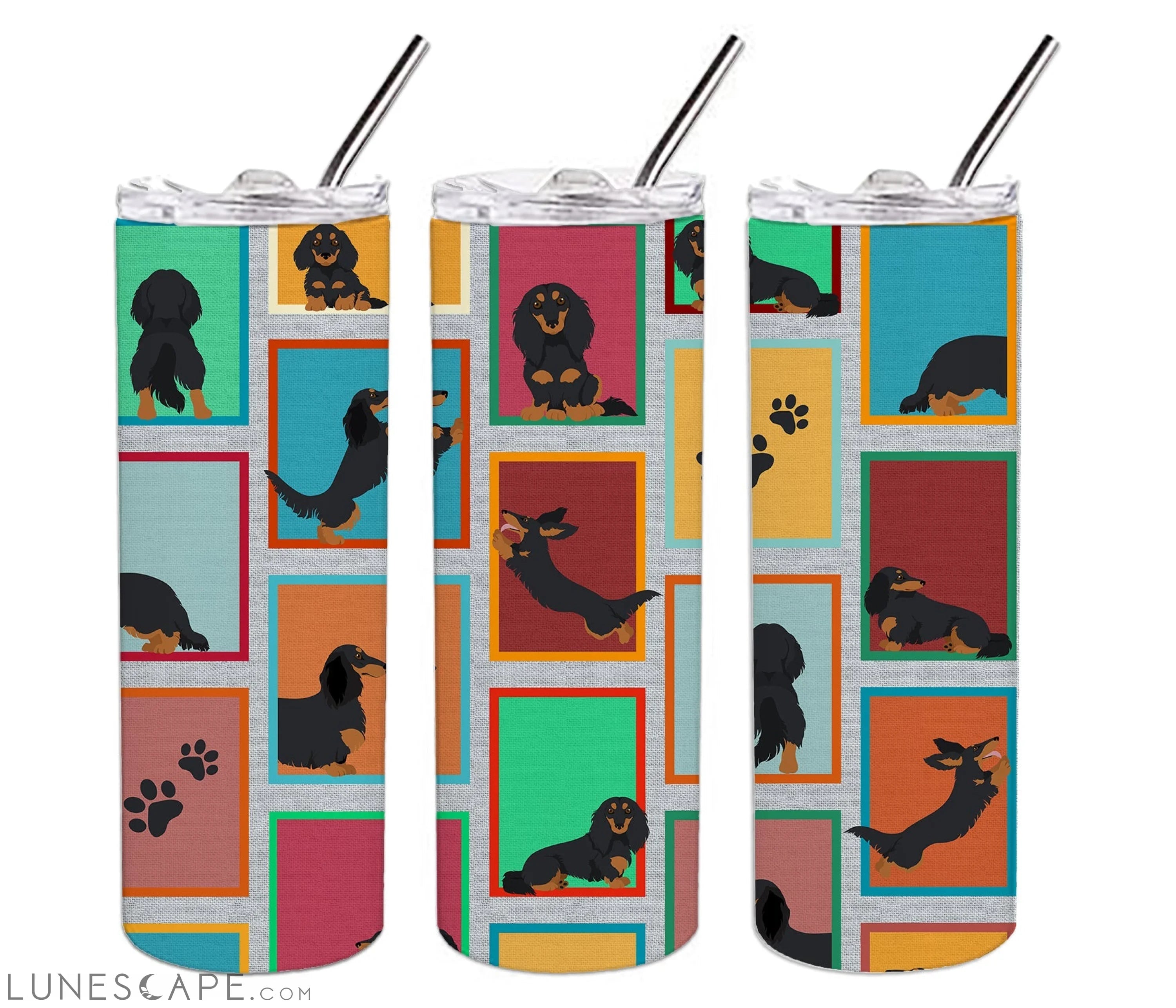 Longhaired Black Tan Dachshund Stainless Steel Tumbler Travel Mug LUNESCAPE