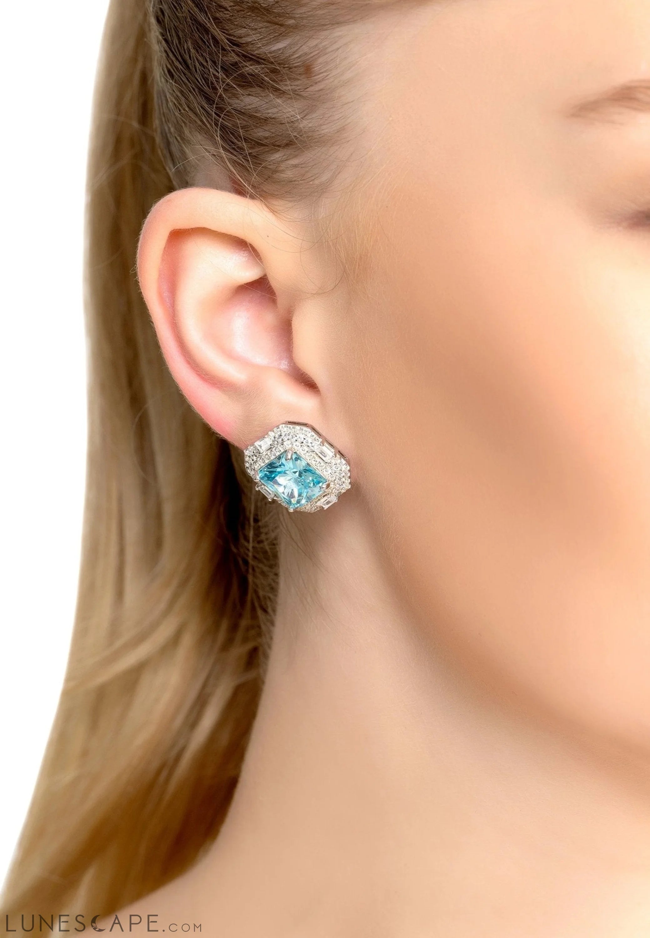 Madeleine Large Stud Earrings Silver Blue Topaz LUNESCAPE